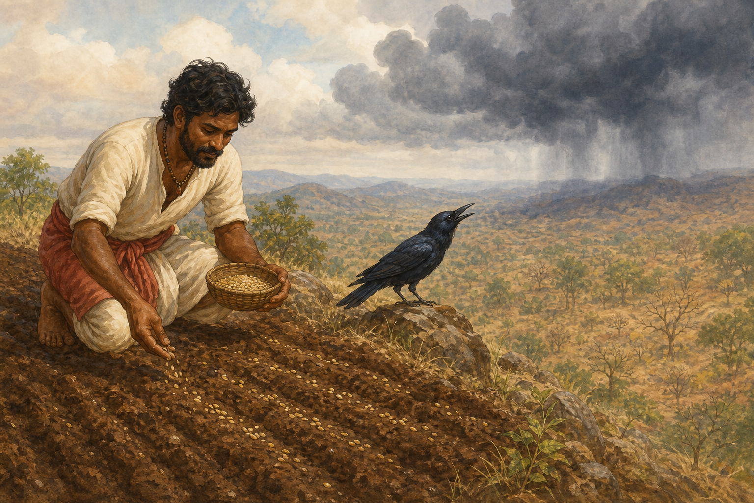 The farmer plants seed on the hillside while his crow watches the gathering clouds