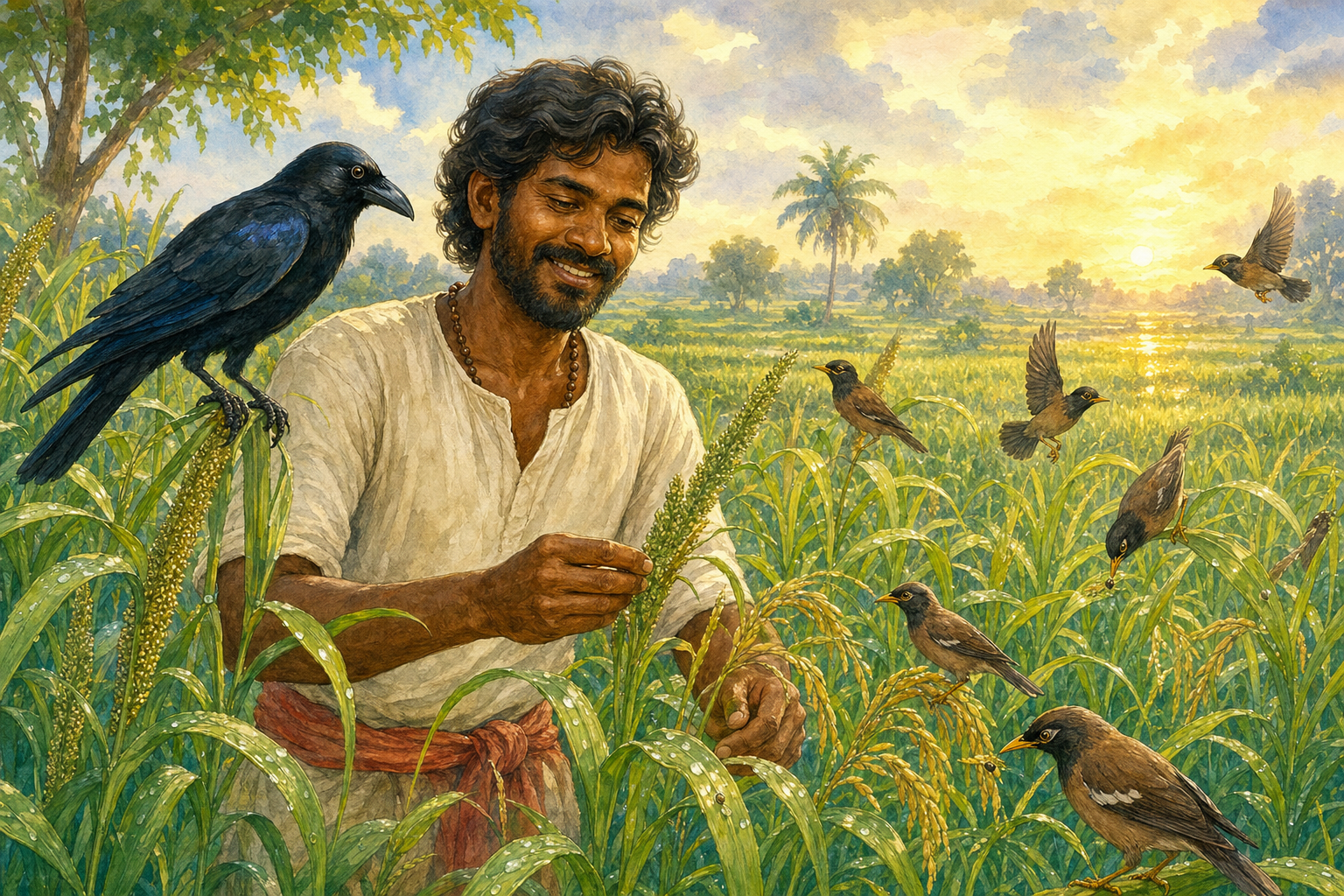 The farmer and crow watch small field birds protect the healthy crop