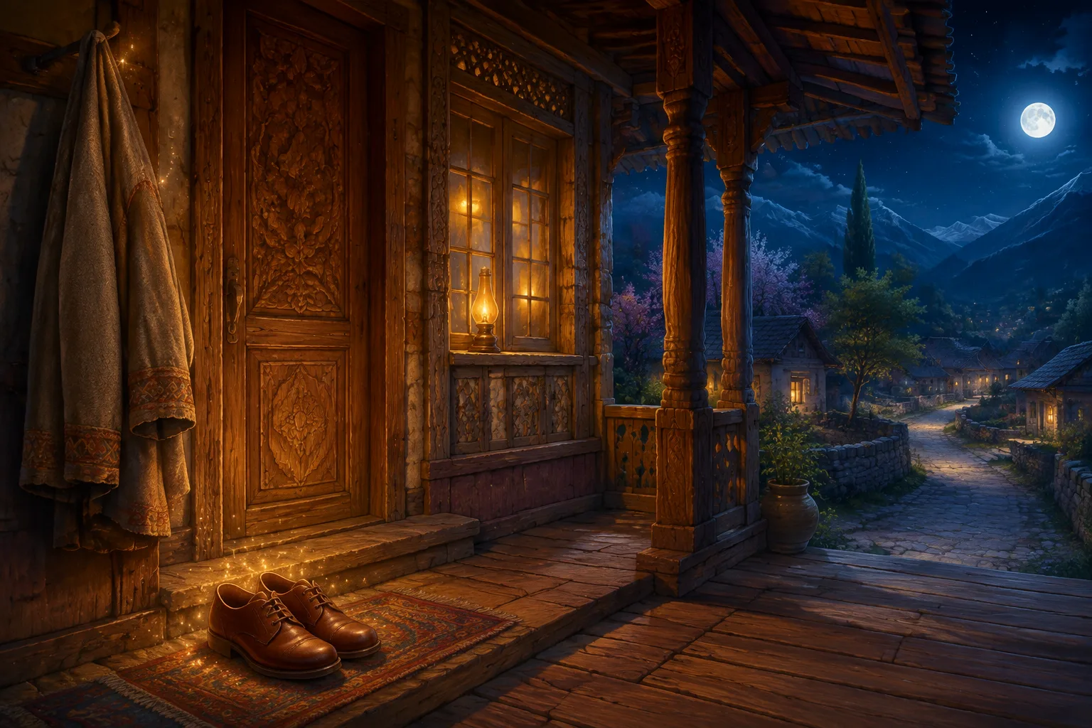 On a moonlit verandah a pair of shoes rests by the door and a coat hangs from a peg with a faint magical glow