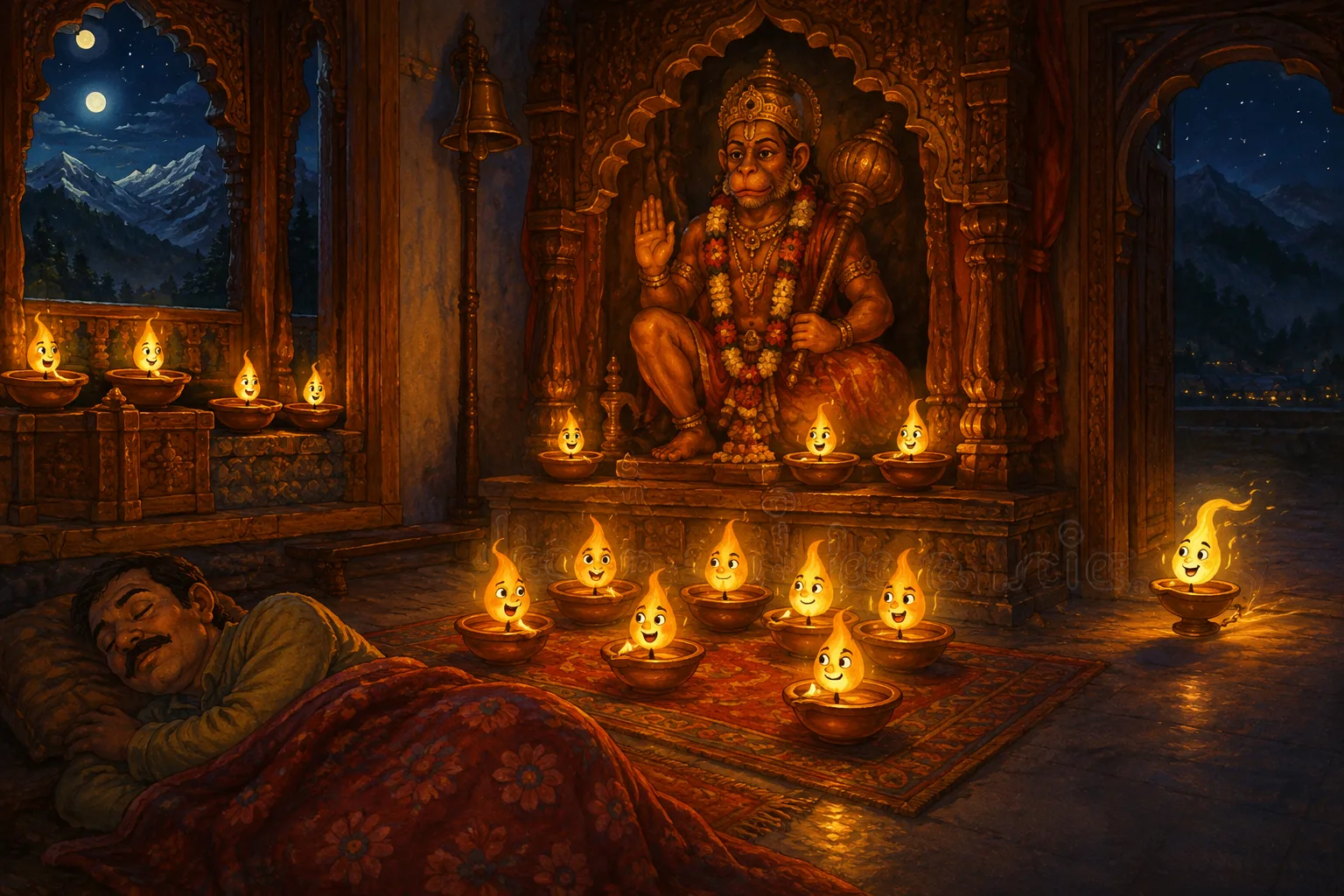Little lamp flames gather inside a Hanuman temple at night while one late flame arrives and a man sleeps in a corner