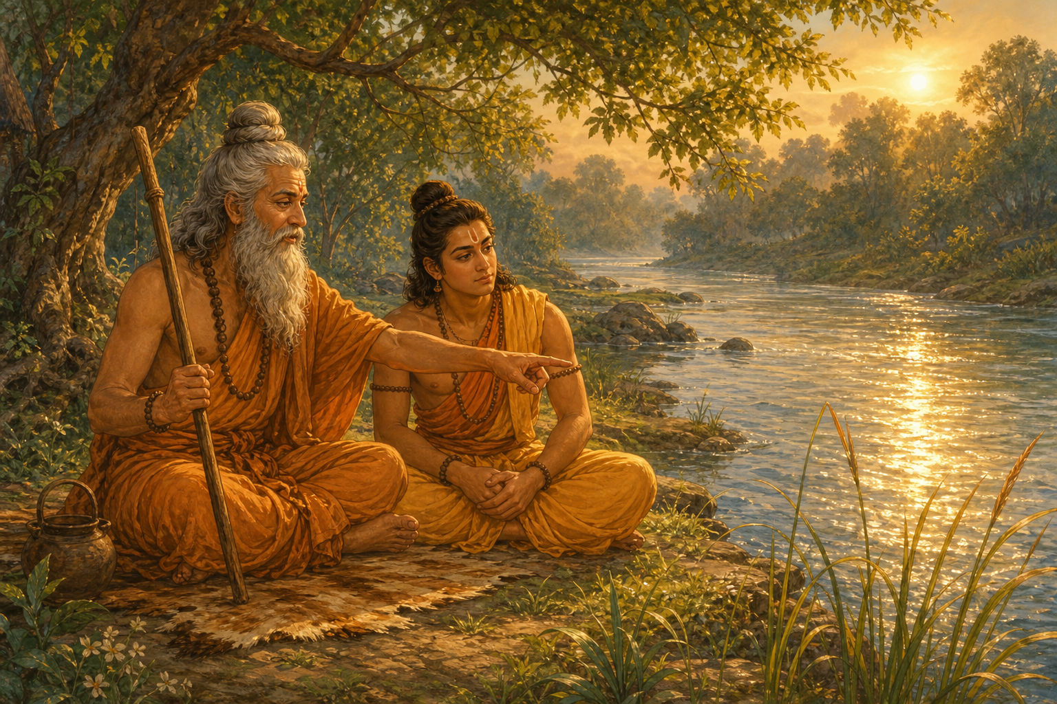 Valmiki teaches Bharadvaja beside the sunlit Tamasa River