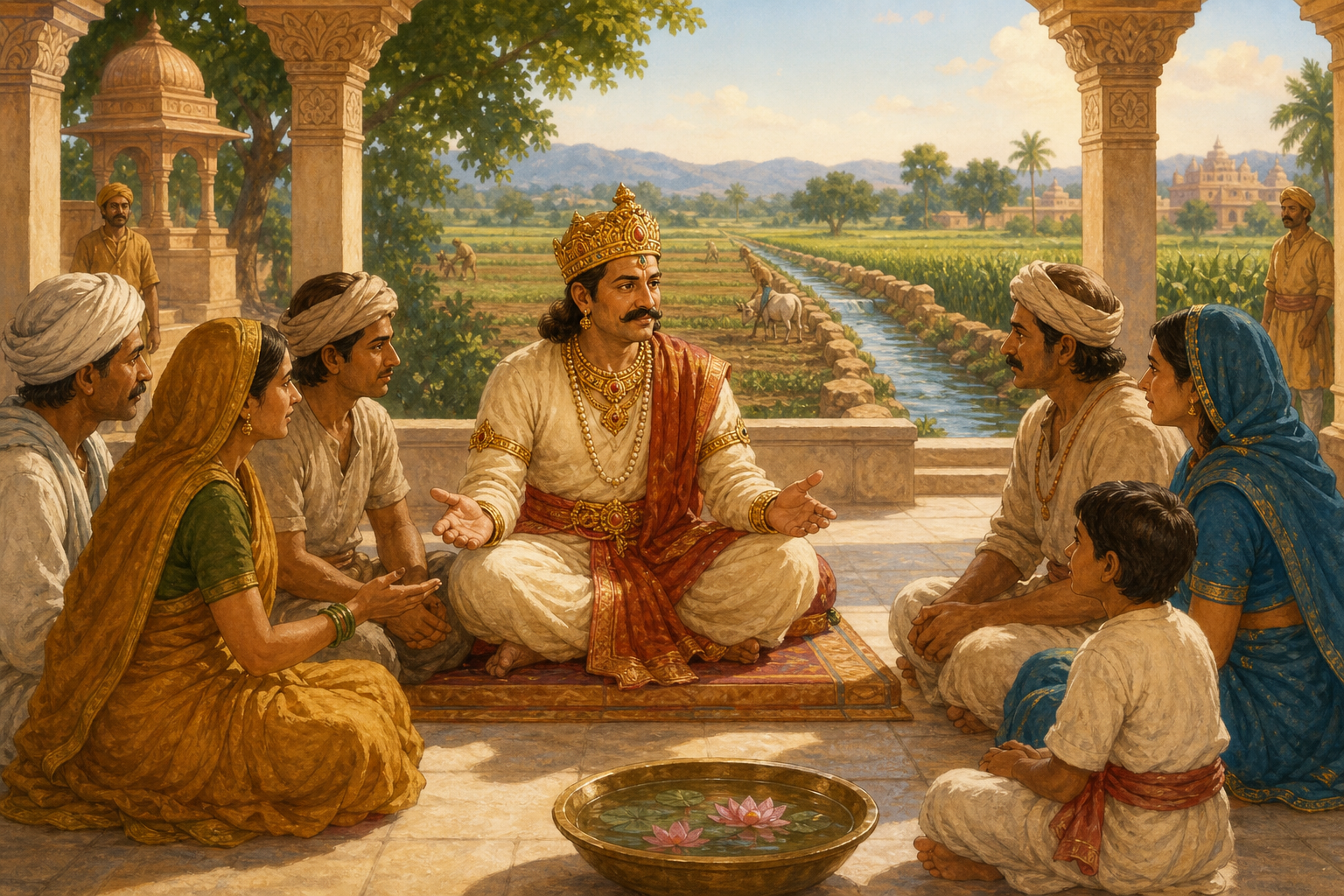 King Ambarisha listens fairly to two farming families