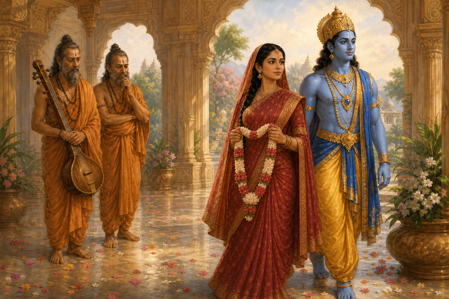 Shrimati leaves the hall with Vishnu while the sages reflect
