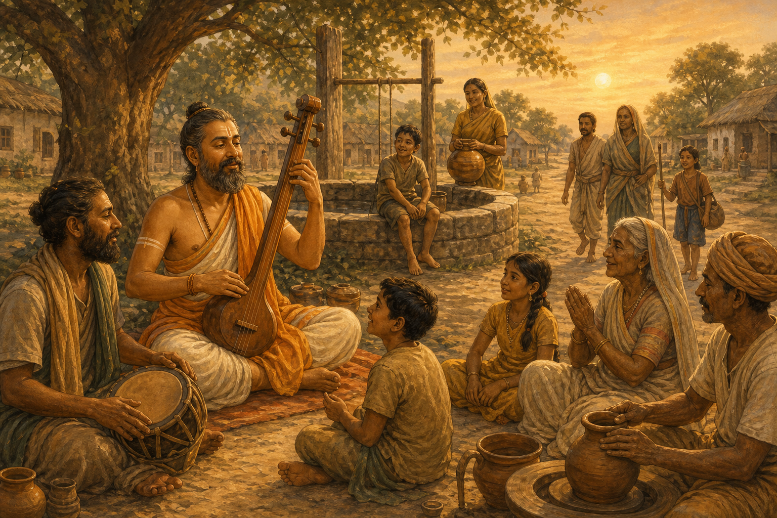 Kaushika and his companions share devotional music with villagers