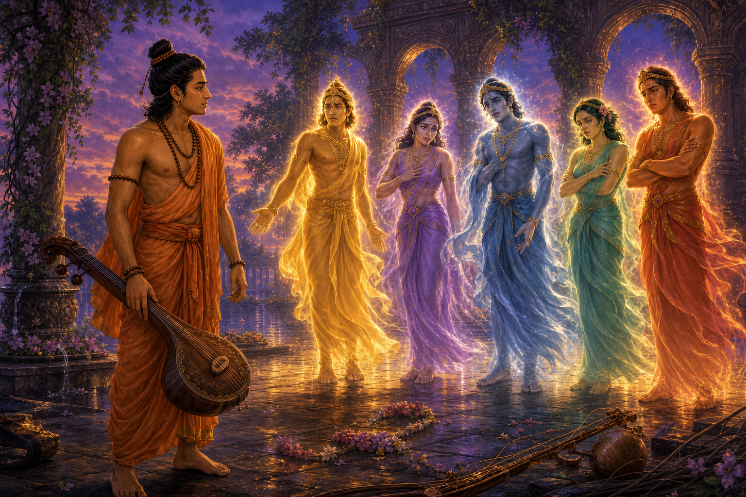 Narada faces the musical notes pulled out of harmony by his pride