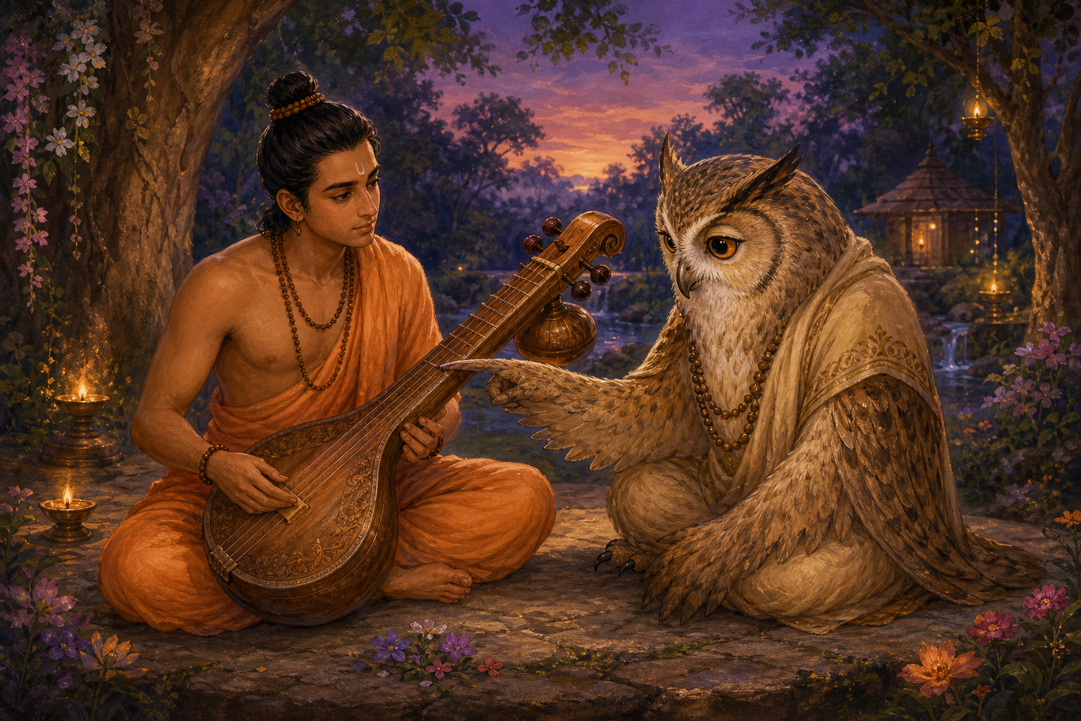 Narada listens as Ganabandhu guides one careful note
