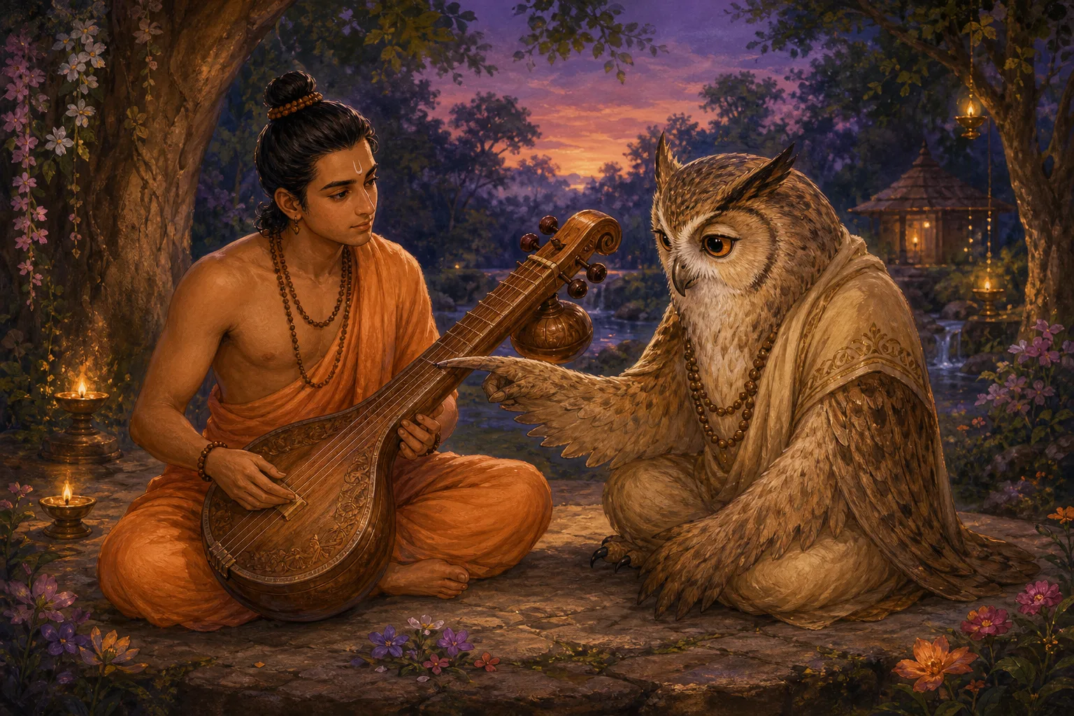 Narada listens as Ganabandhu guides one careful note