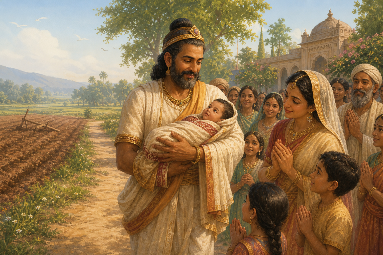 Janaka welcomes infant Sita into the community of Mithila