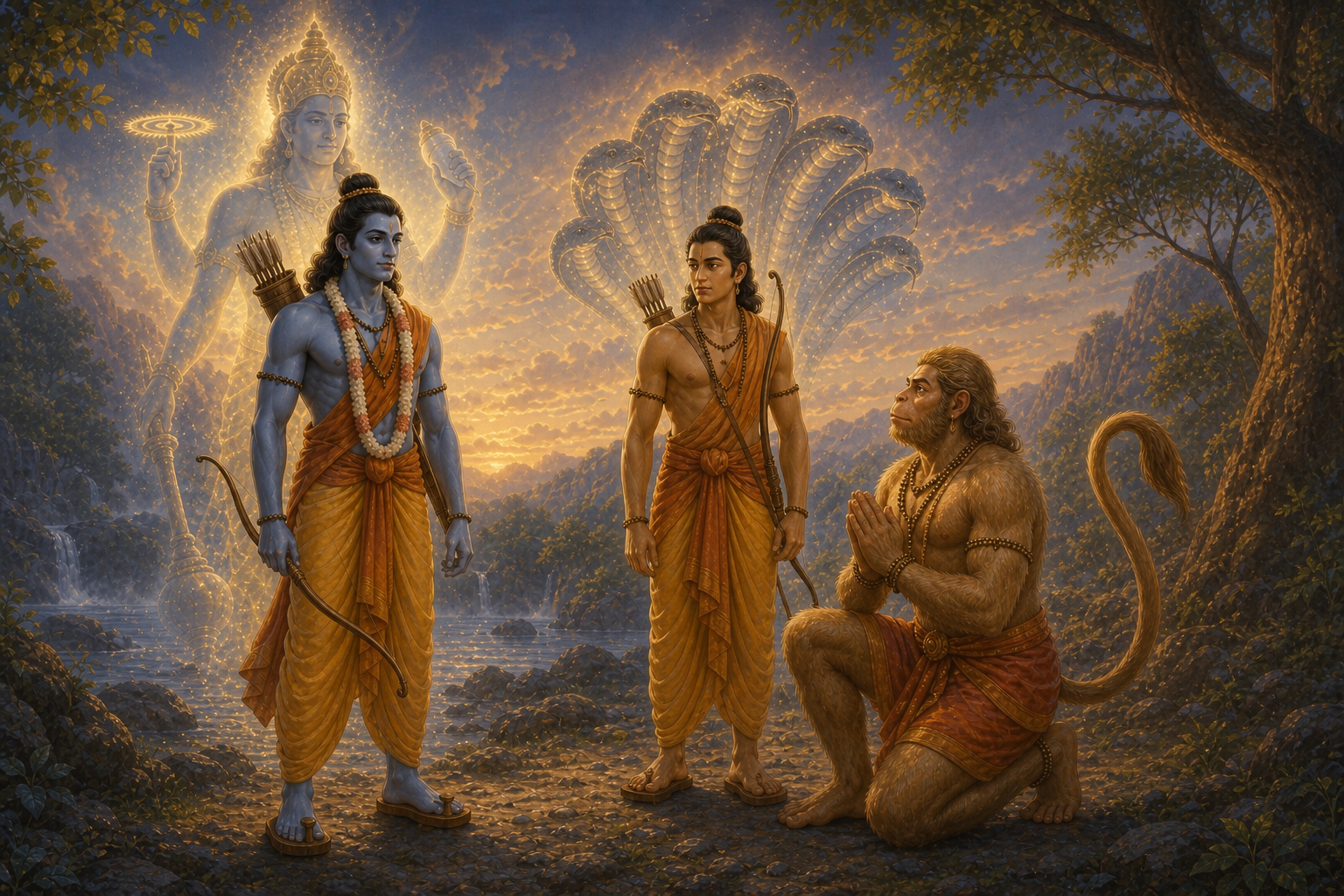 Rama, Lakshmana, and Hanuman perceive the sacred identities beneath appearance
