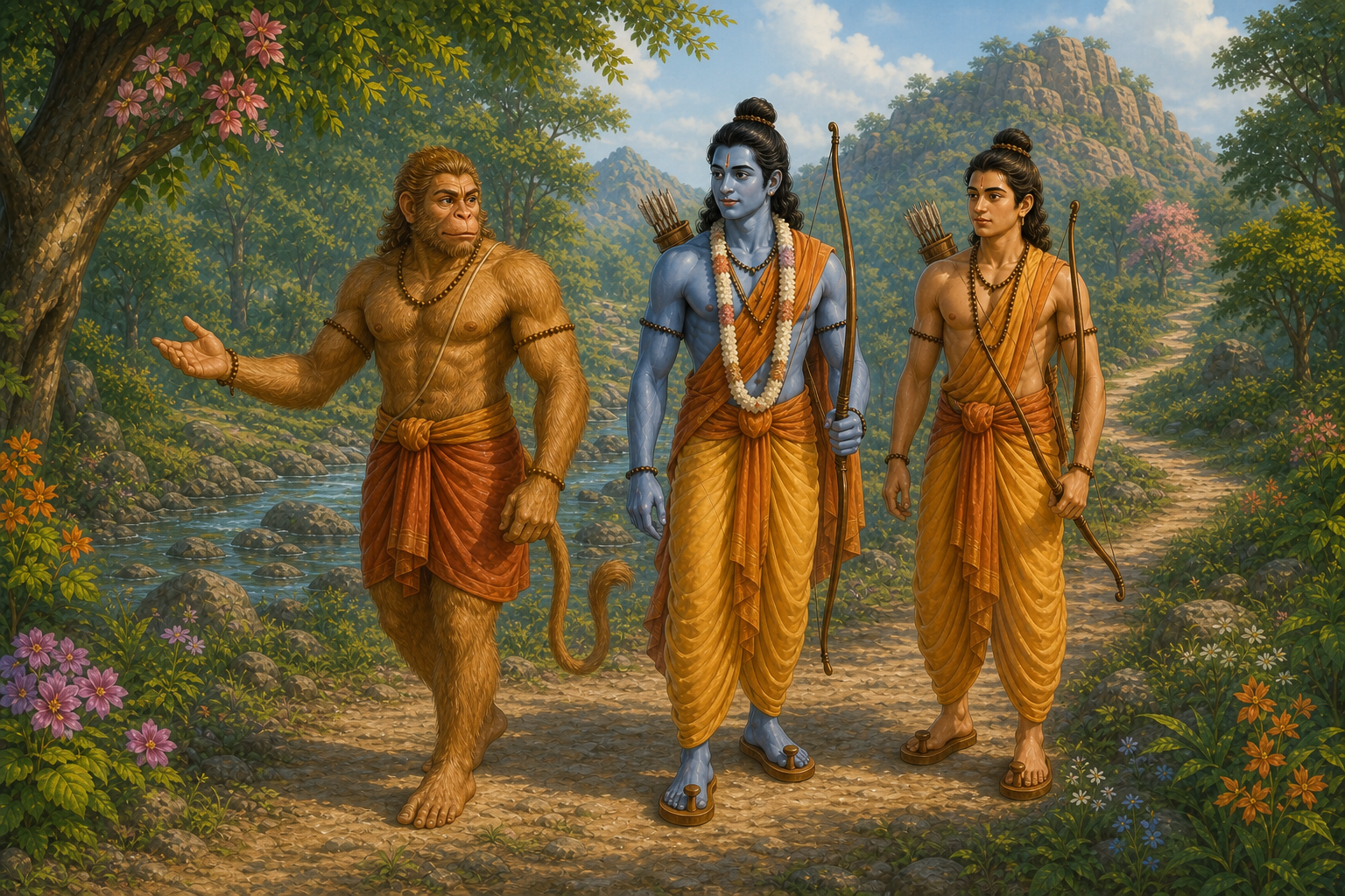 Hanuman guides Rama and Lakshmana toward Sugriva