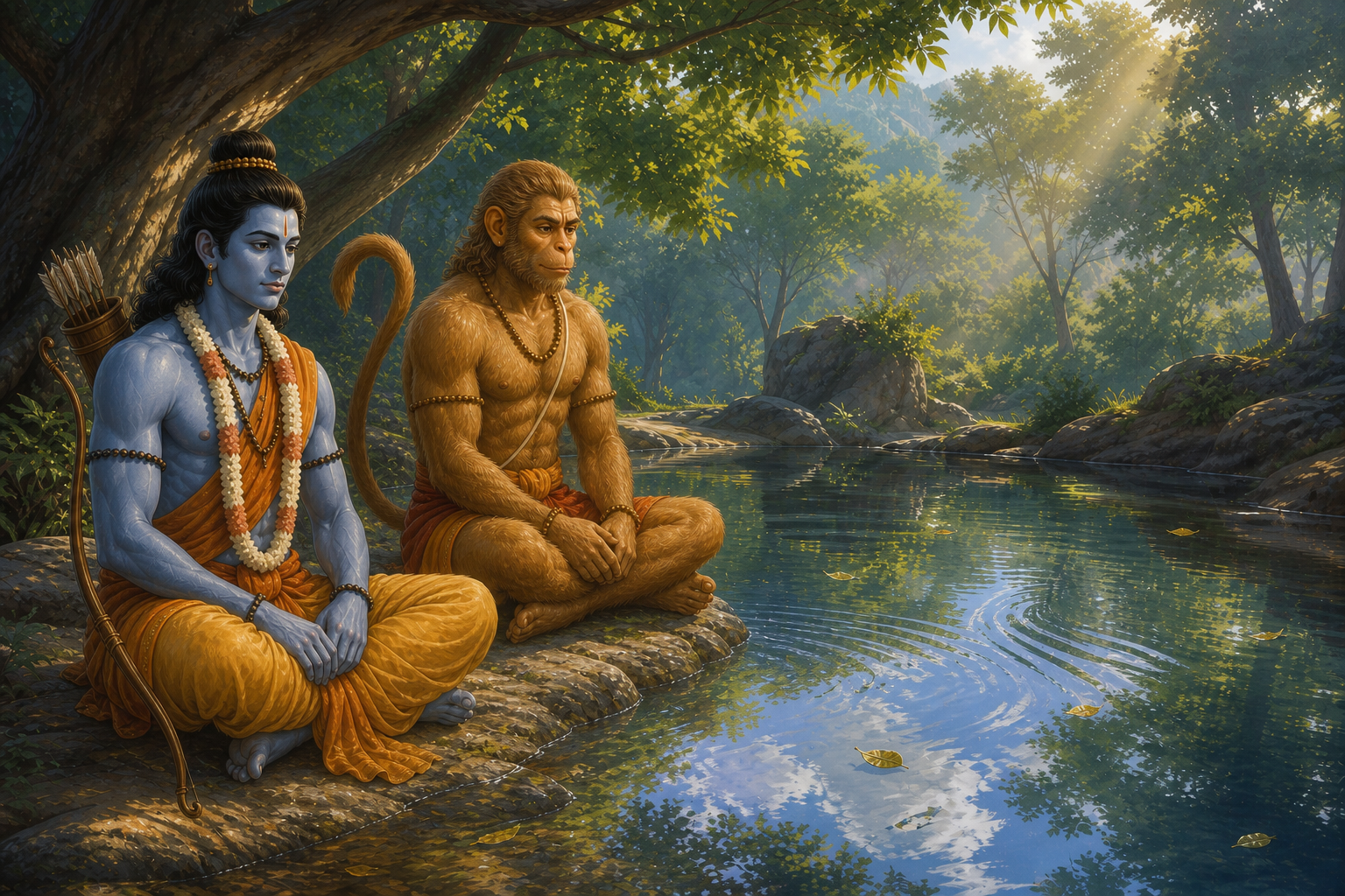 Hanuman quietly observes ripples and reflections in a forest pool