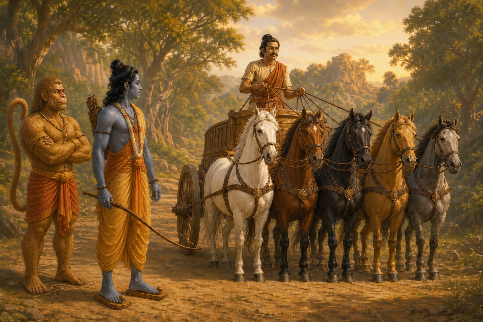 Rama and Hanuman observe a charioteer guiding five energetic horses