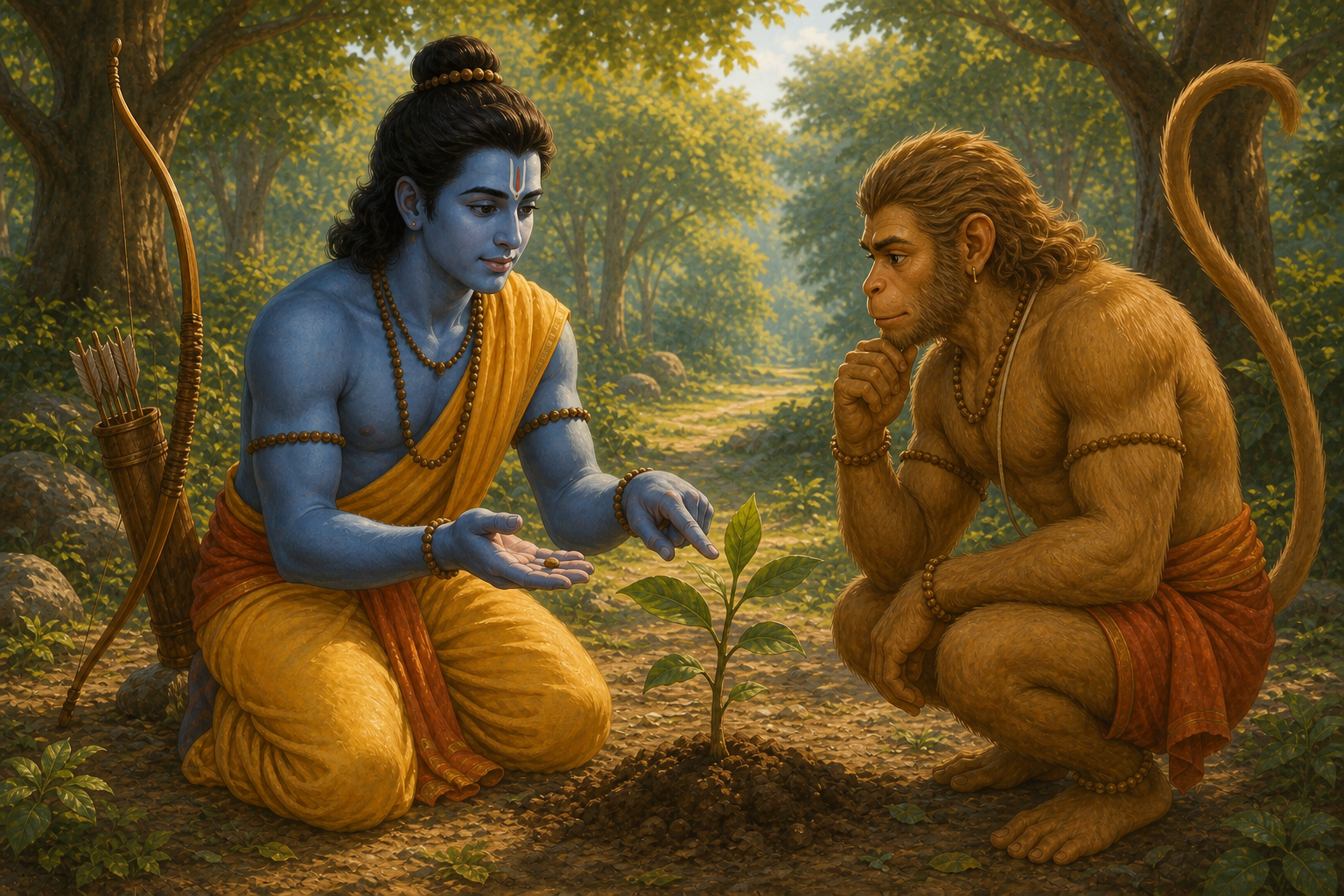 Rama uses a seed and sapling to teach Hanuman about steady practice