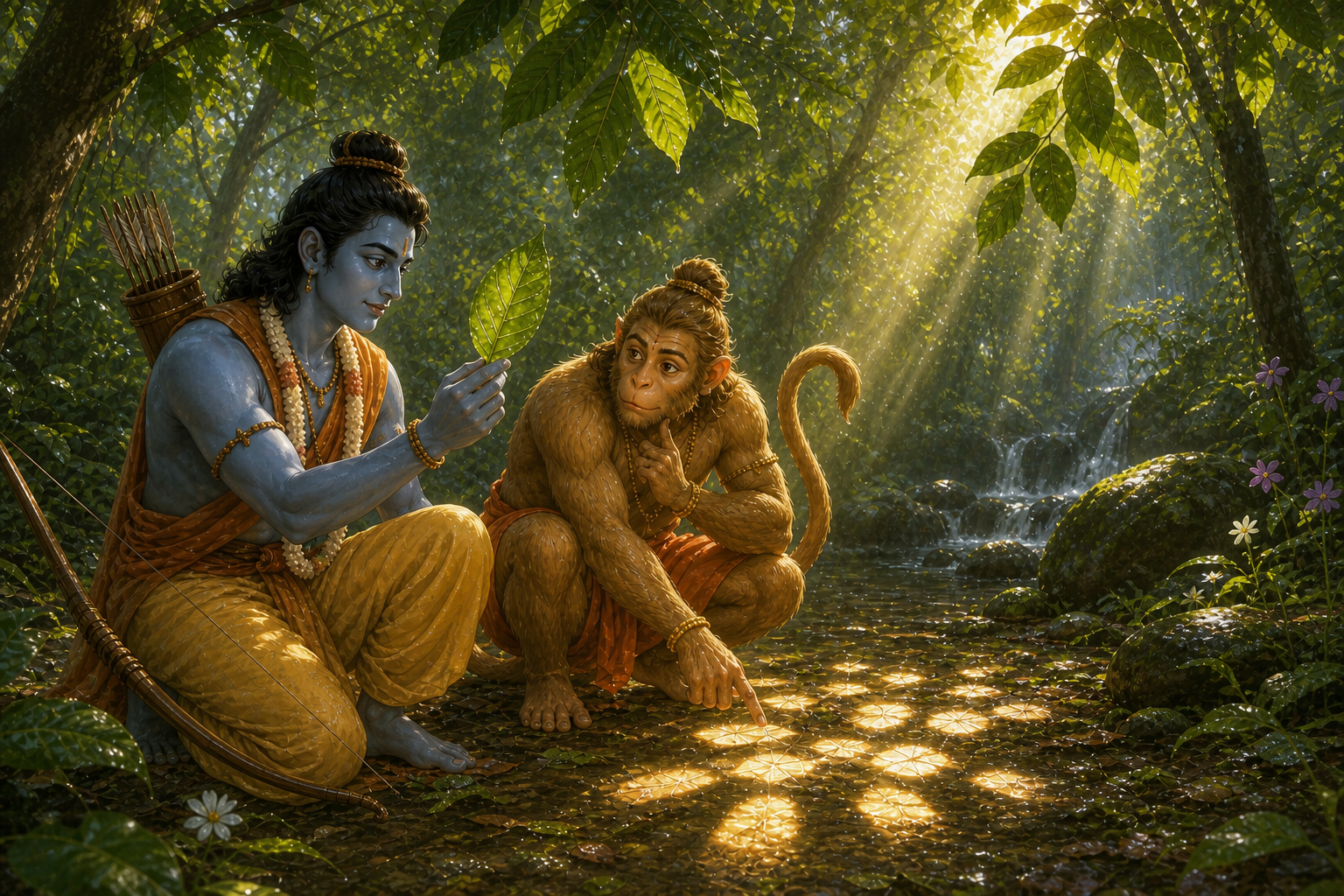 Rama shows Hanuman one sunlight making many shapes through leaves