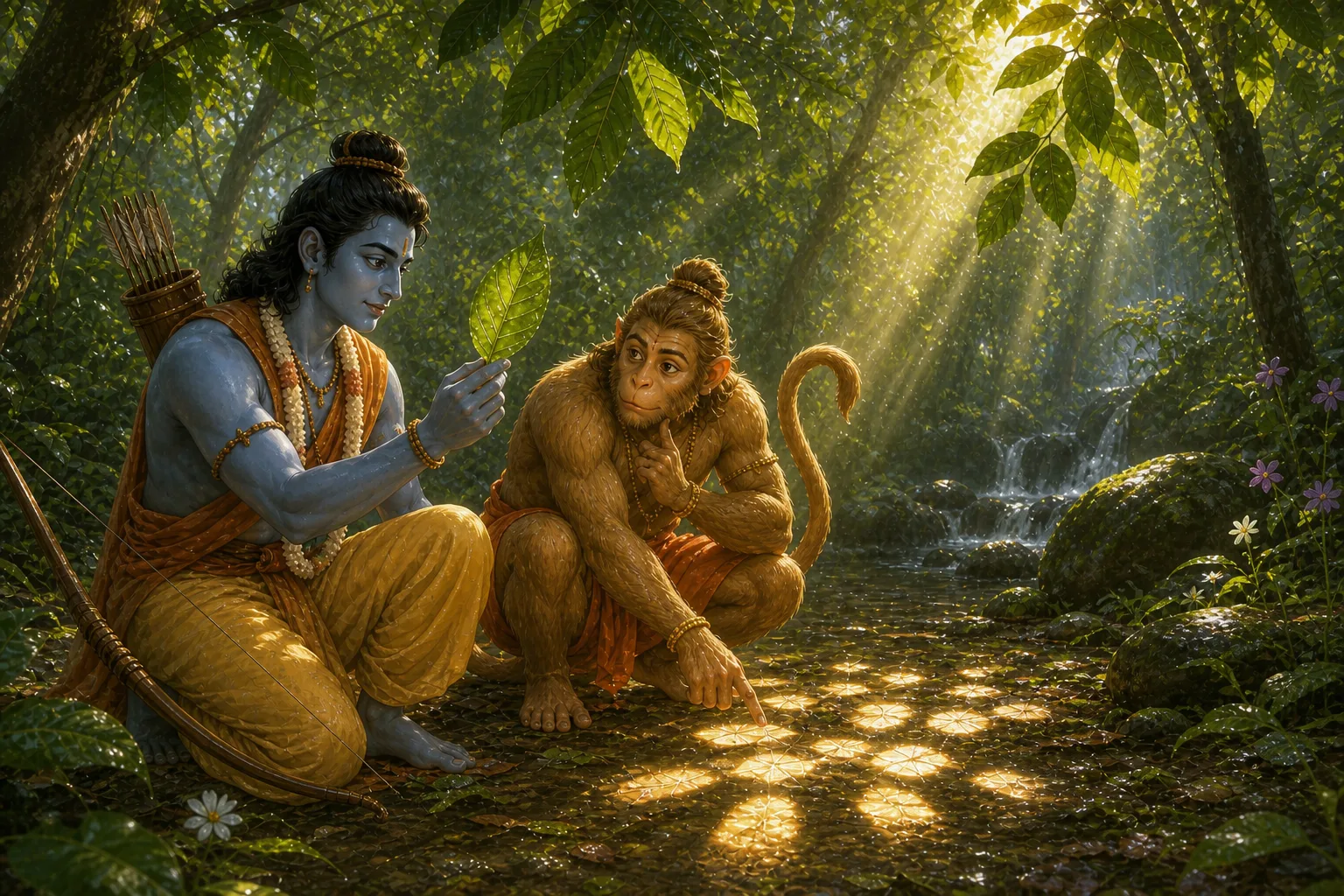 Ram shows Hanuman one sunlight making many shapes through leaves