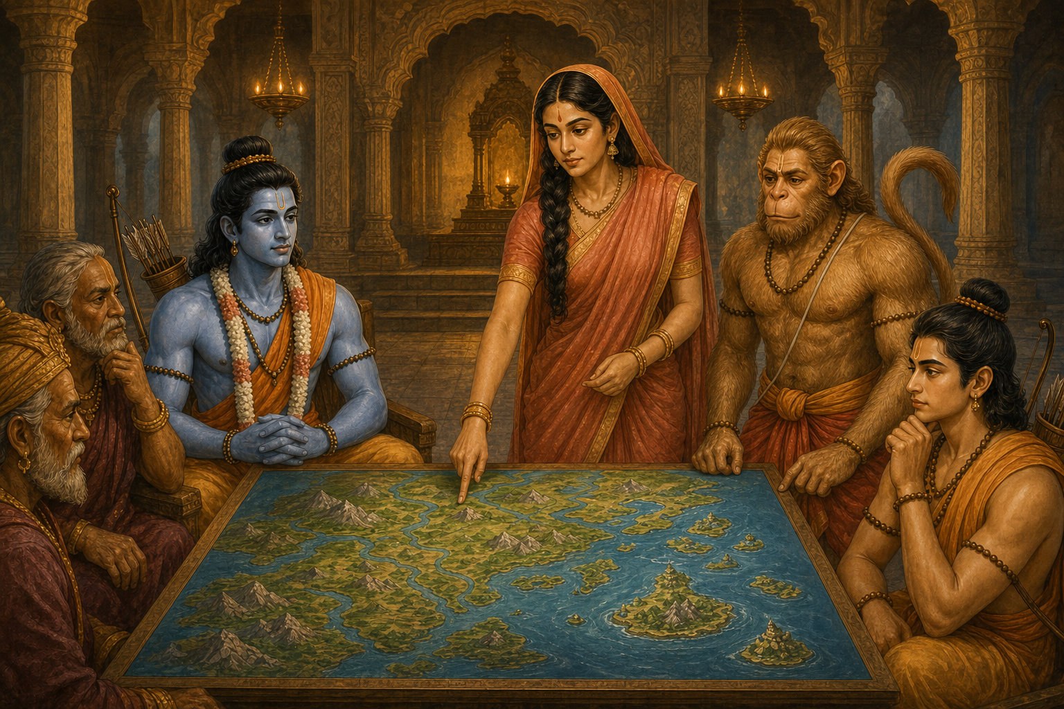 Sita leads the council preparing for the danger at Pushkara
