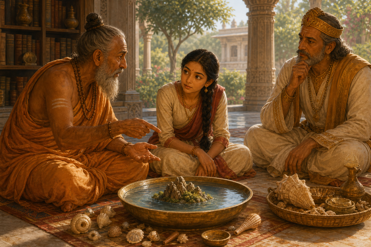 Young Sita listens as a travelling sage describes distant Pushkara