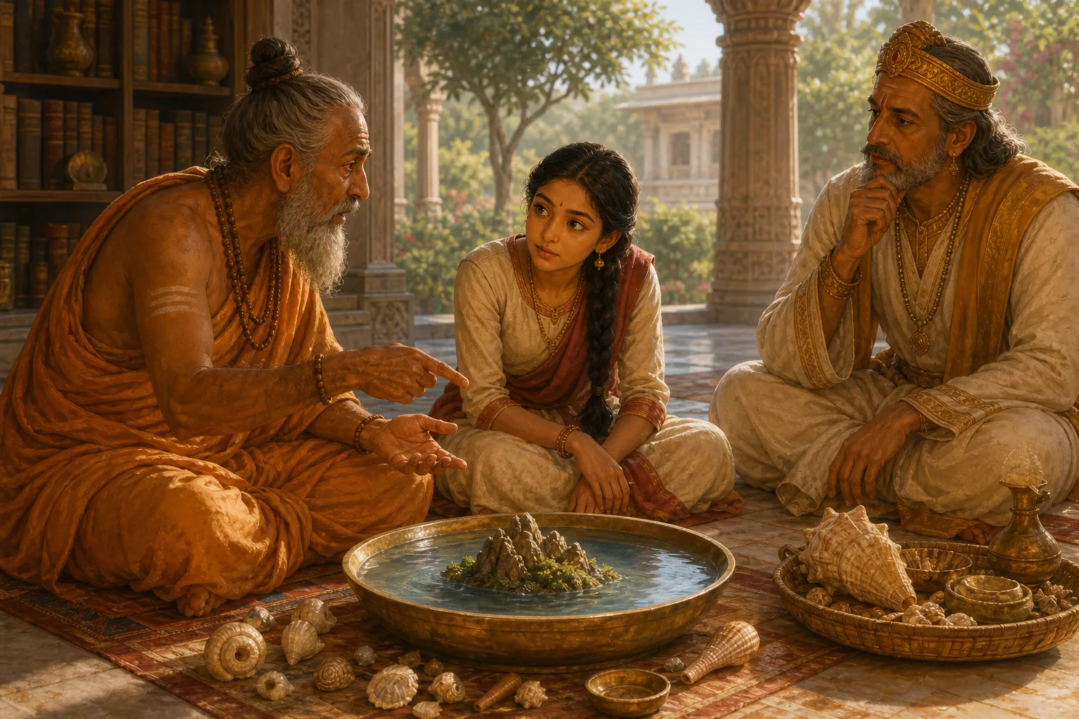 Young Sita listens as a travelling sage describes distant Pushkara
