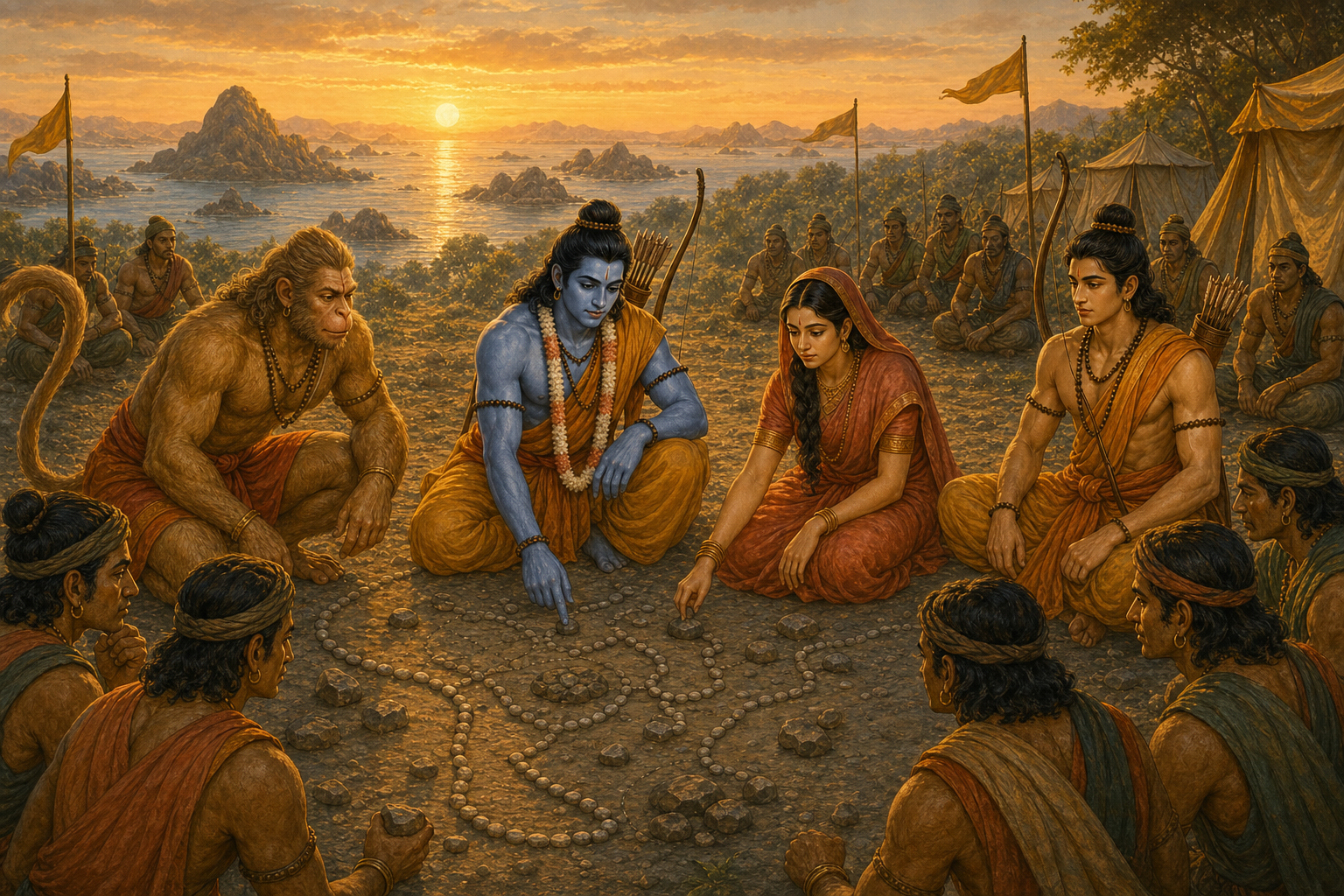 Rama, Sita, and their allies prepare together at Pushkara