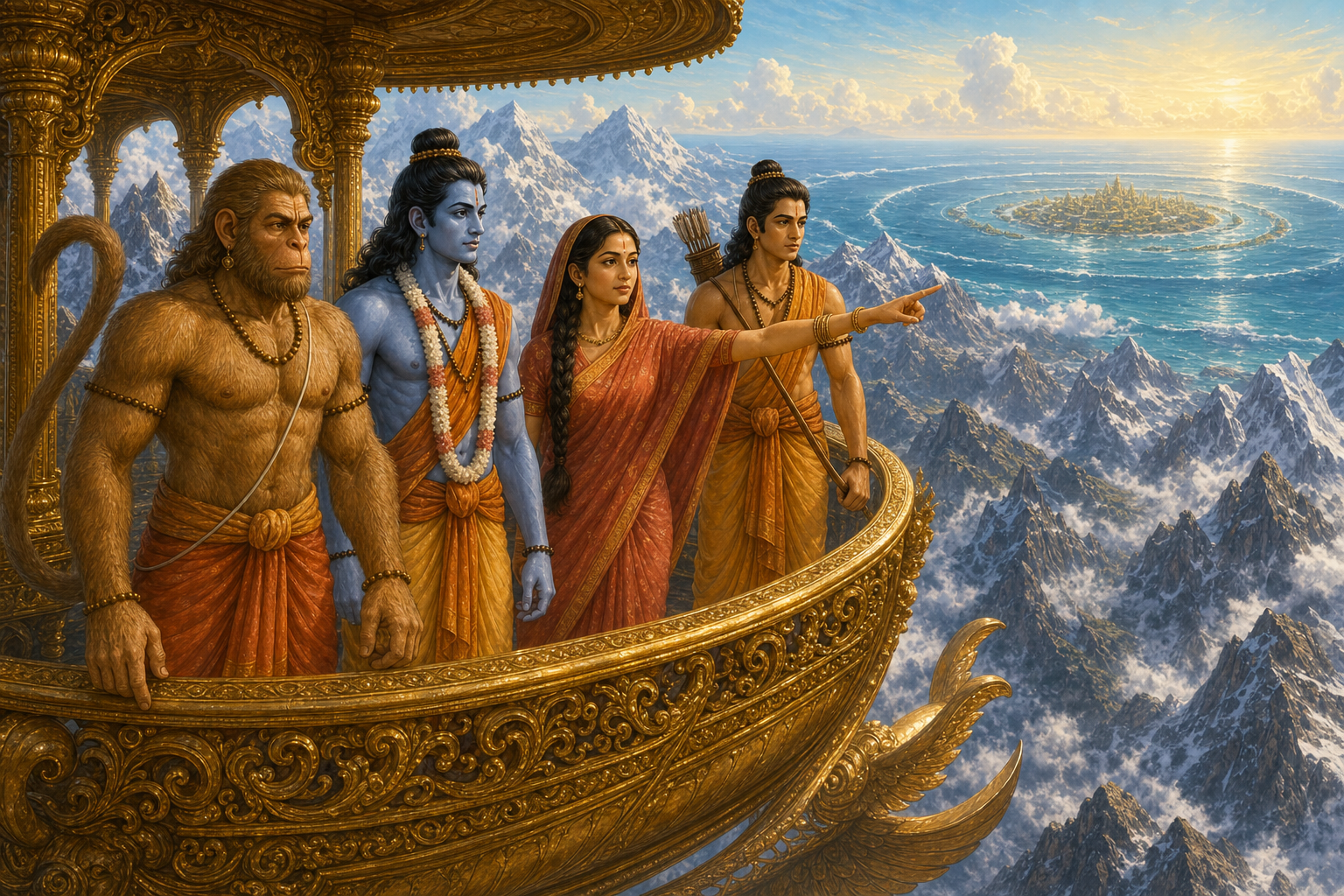Sita guides the allies as the Pushpaka crosses mountains and unfamiliar seas