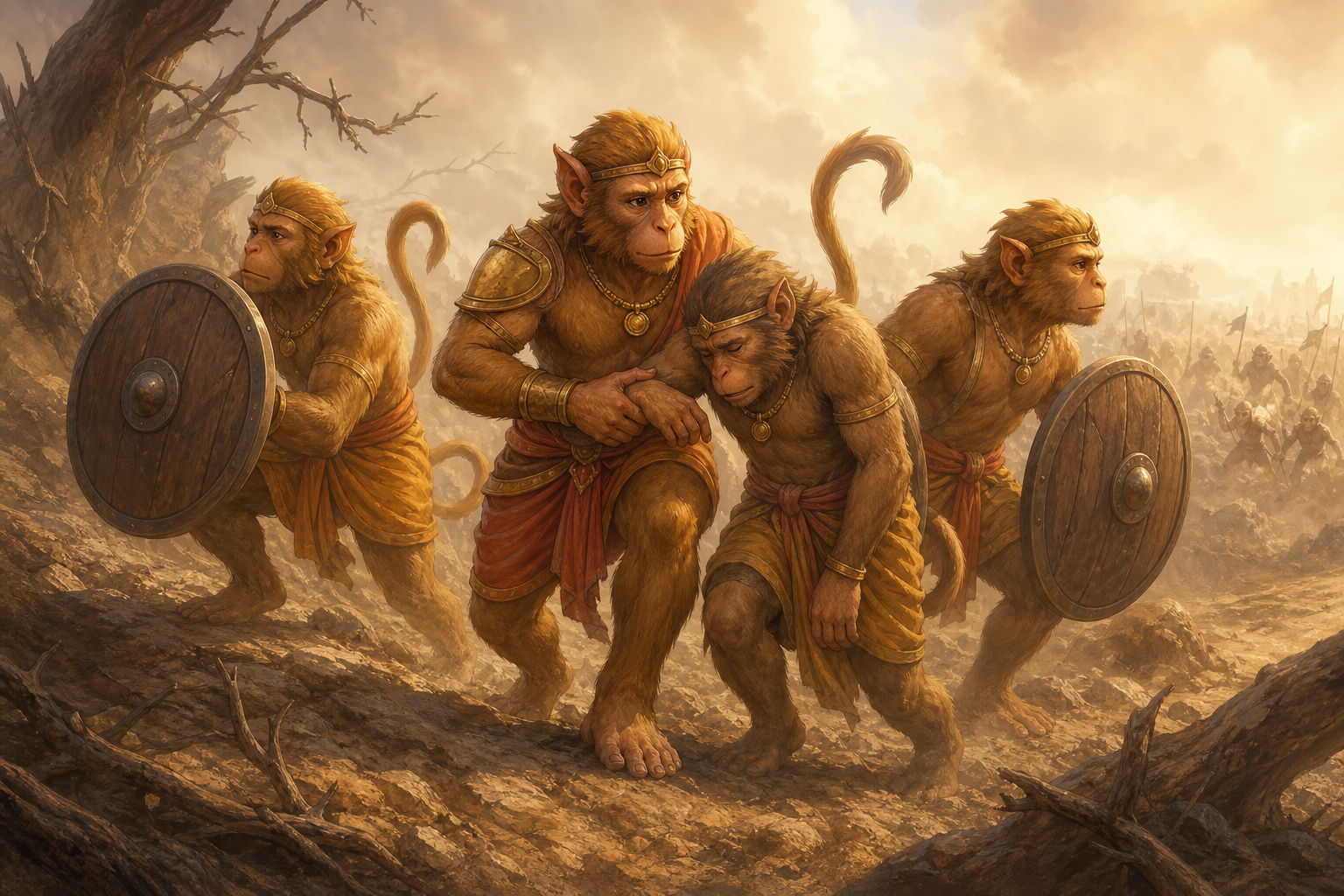 Hanuman and allied warriors protect a tired companion