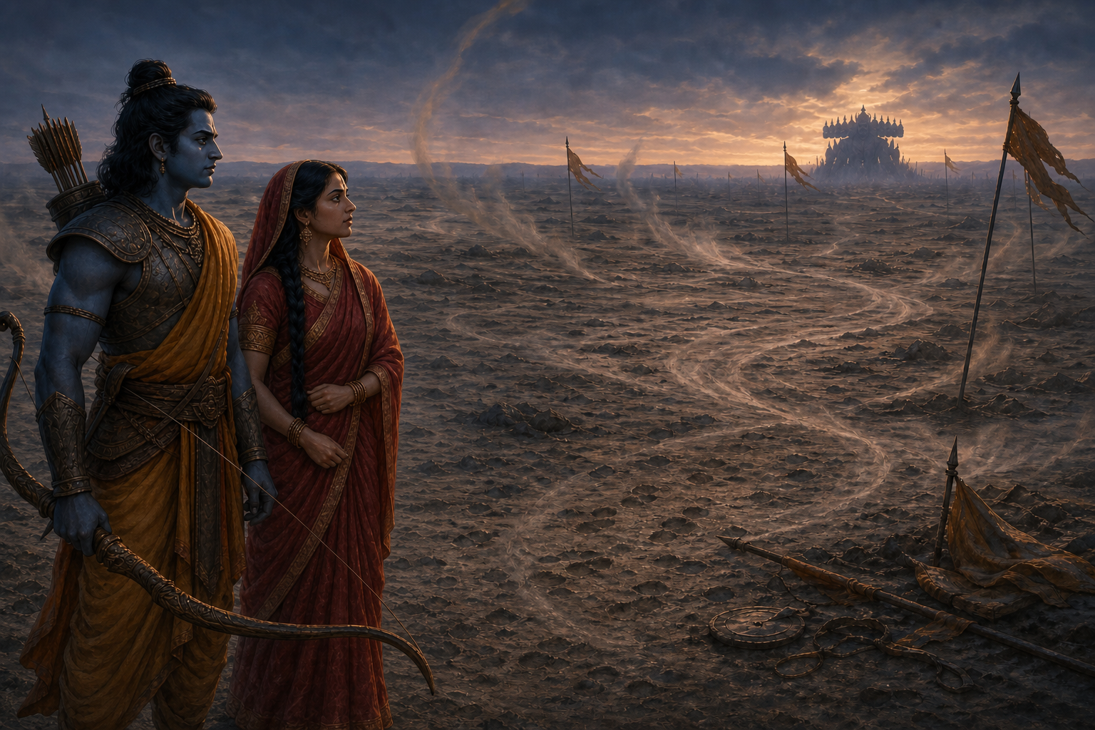 Rama and Sita face the empty field after the wind scatters their allies