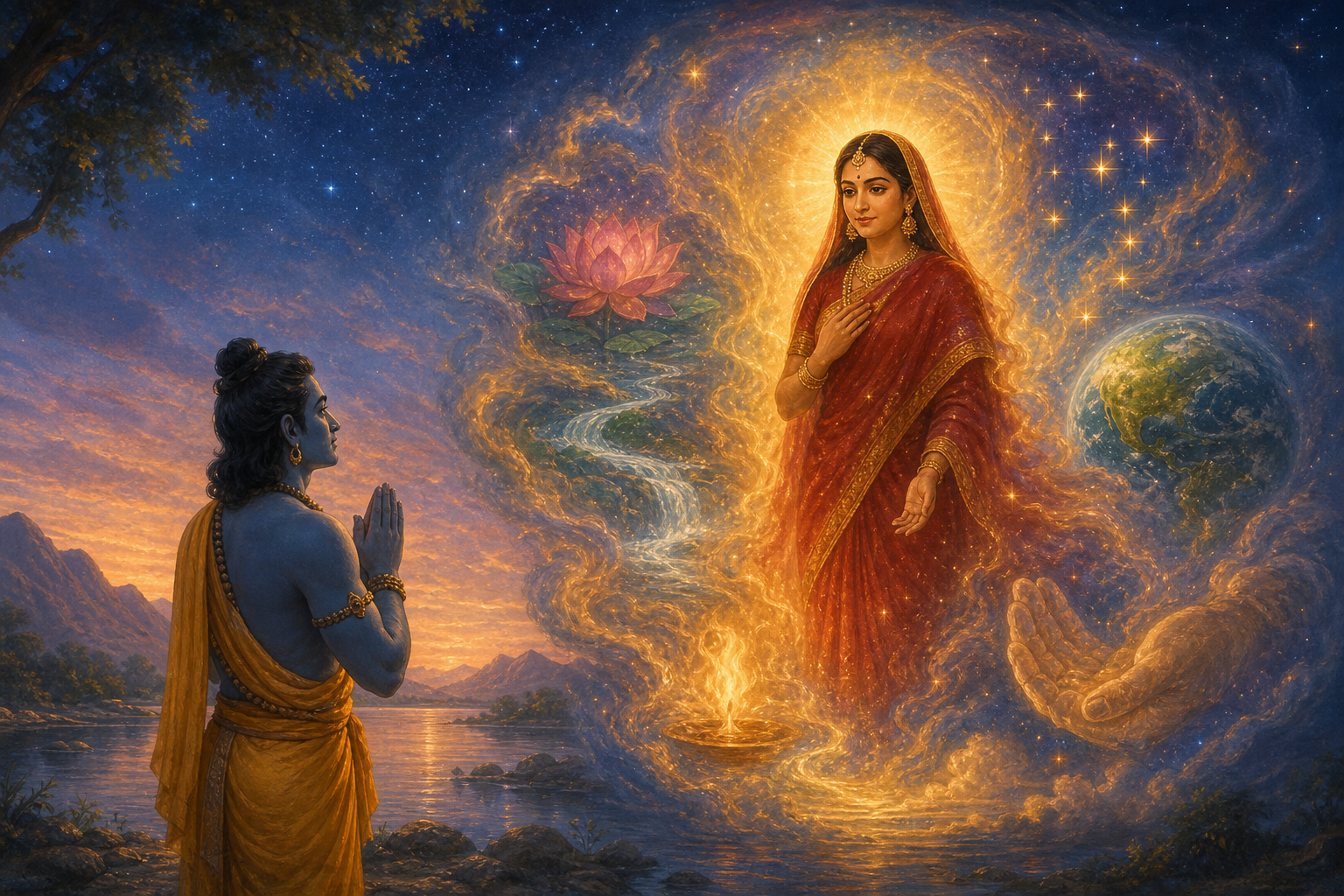 Rama beholds the many sustaining qualities within Sita's radiance