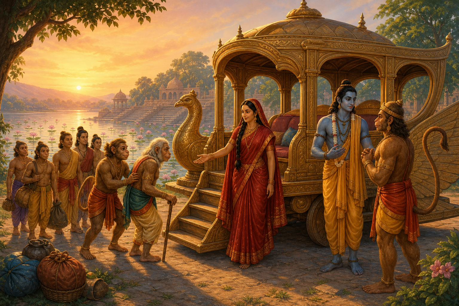 Sita and Rama prepare the Pushpaka journey with their companions