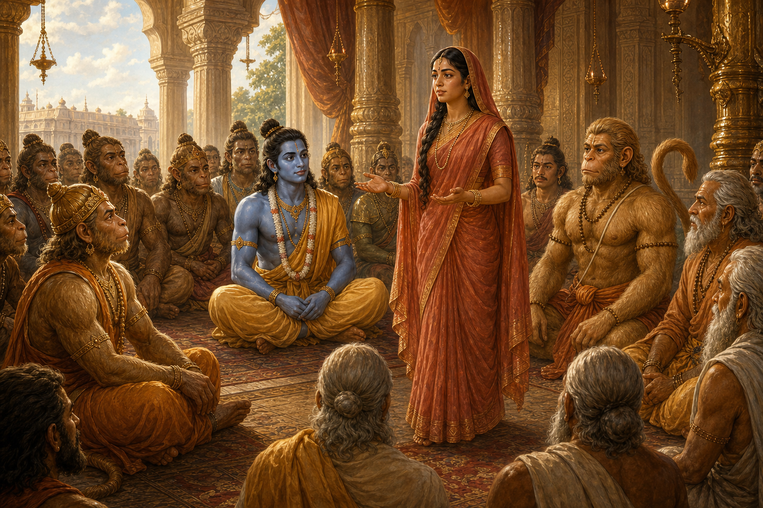 Sita and Rama recount the Pushkara victory truthfully in Ayodhya