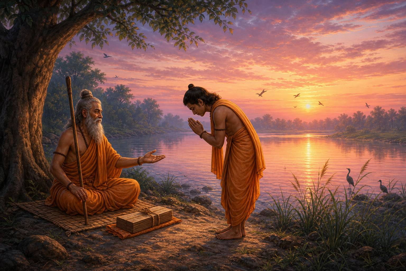 Valmiki entrusts the completed telling to Bharadvaja at dawn