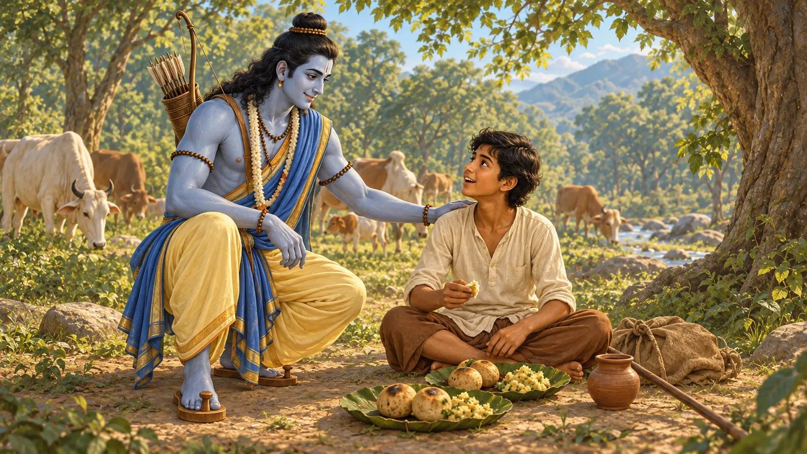Ram appears before Adhaiya beside the baati and potatoes he has offered.