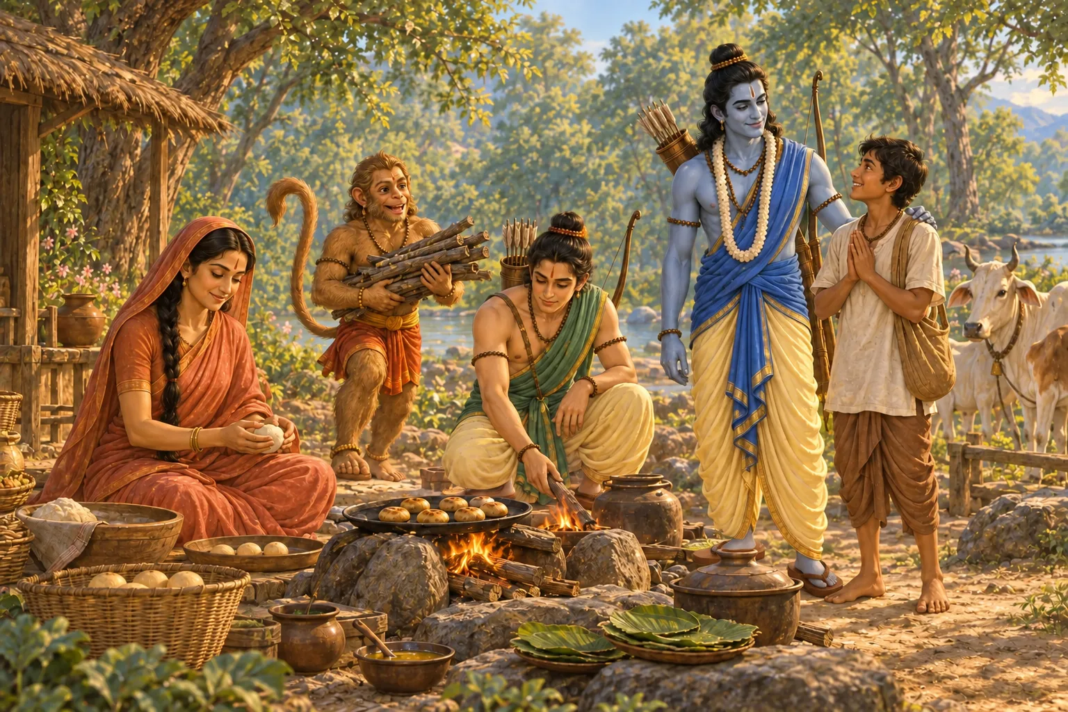 Sita cooks while Lakshman tends the fire and Hanuman brings fuel, as Ram and Adhaiya watch.
