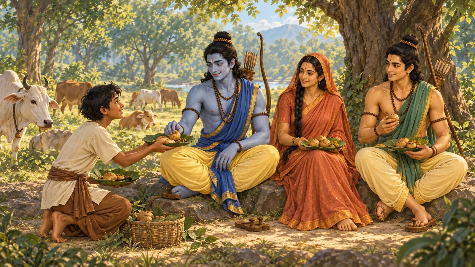 Adhaiya serves Ram, Sita and Lakshman in the forest clearing.