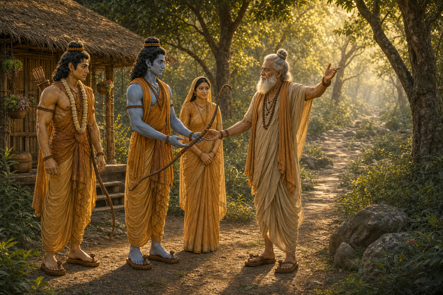 Agastya entrusts Ram with a defensive bow and shows the three travellers the road to Panchavati