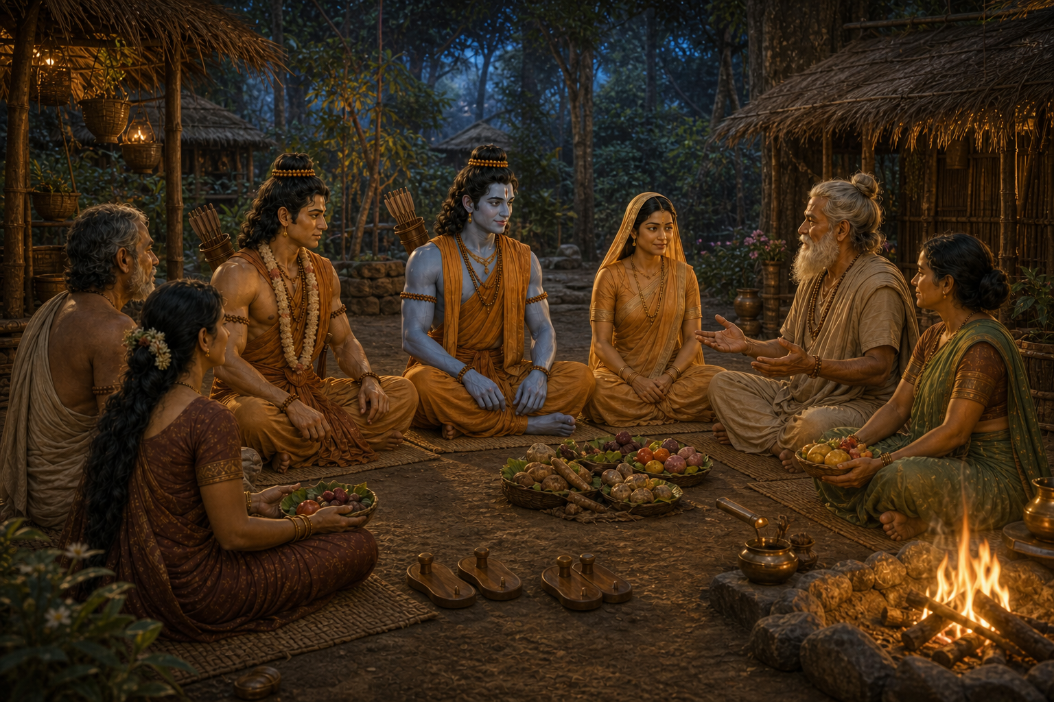 Residents of a Dandaka hermitage welcome Ram, Sita, and Lakshman with forest produce