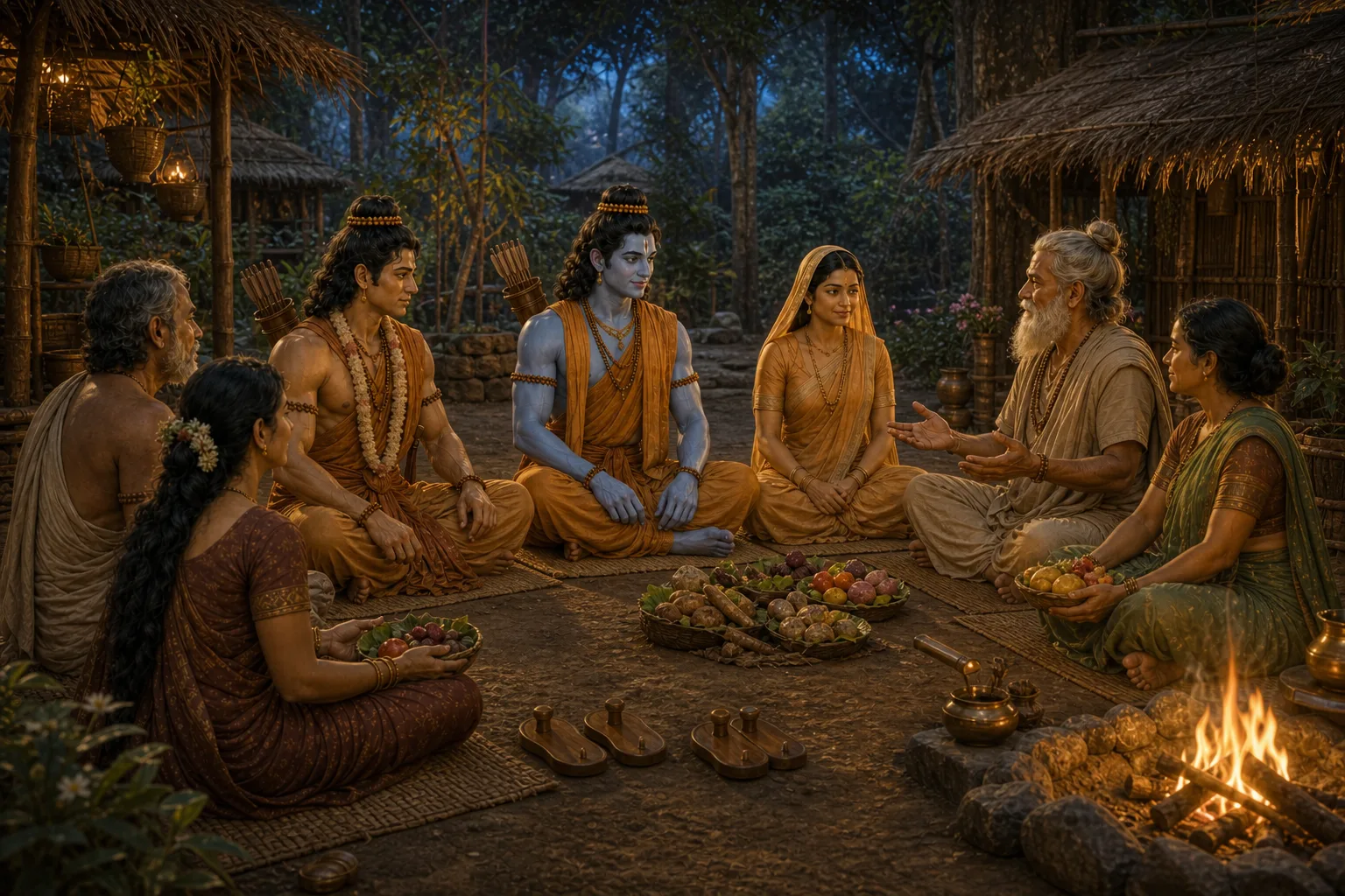Residents of a Dandaka hermitage welcome Ram, Sita, and Lakshman with forest produce