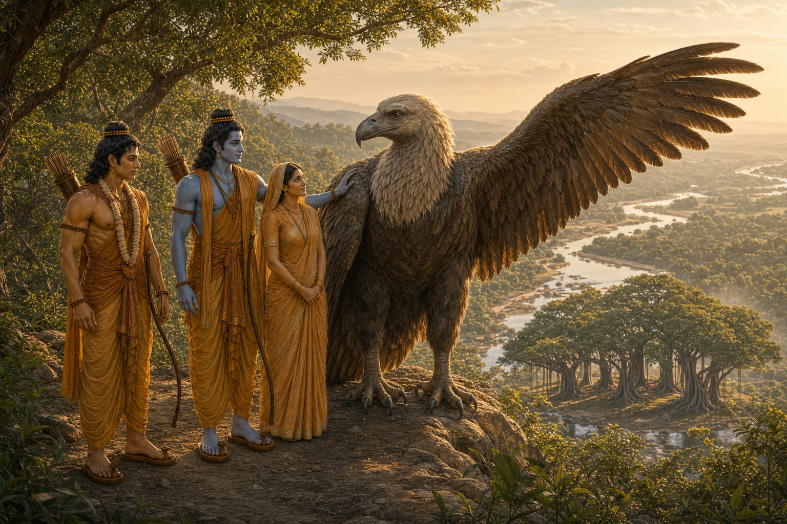 Jatayu befriends Ram, Sita, and Lakshman while indicating the way toward the Godavari and Panchavati