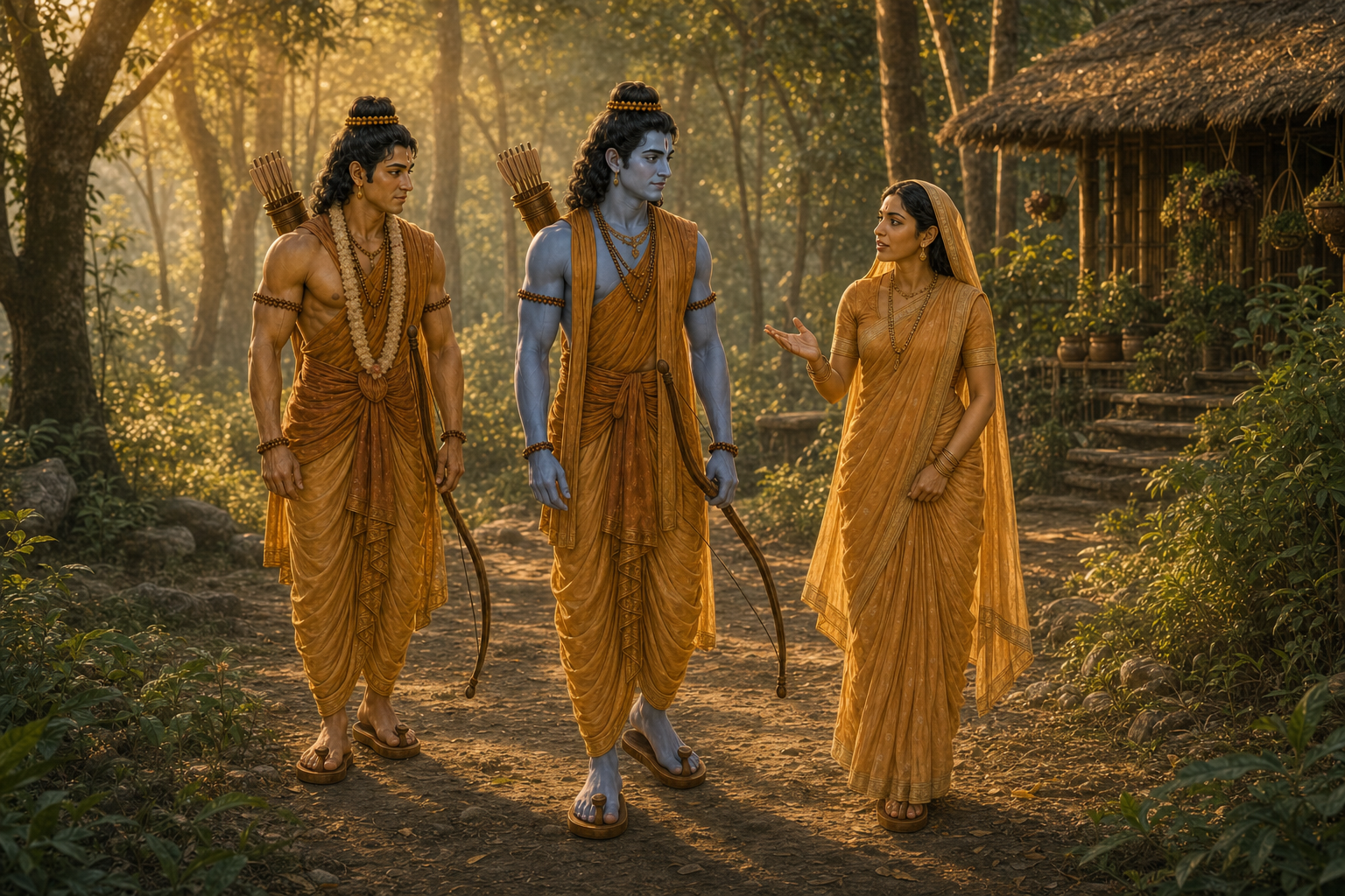 On a forest path Sita speaks with Ram about weapons and restraint while Lakshman listens carefully