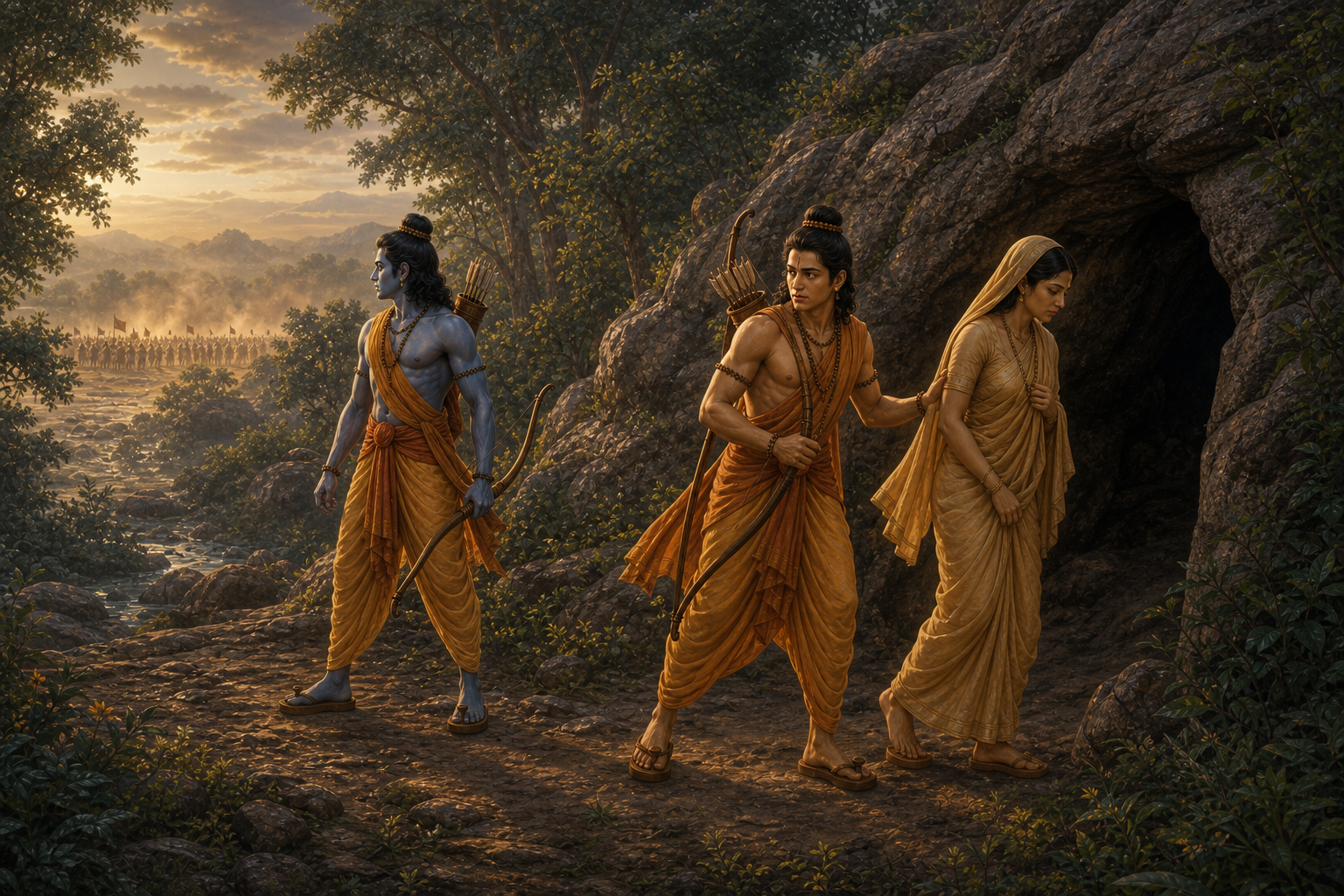 Lakshman leads Sita toward a protected forest shelter while Ram stands defensively before a distant approaching army