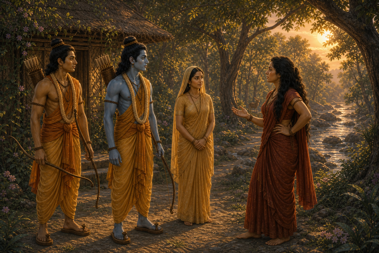 Shurpanakha speaks with Ram at Panchavati while Sita and Lakshman stand nearby