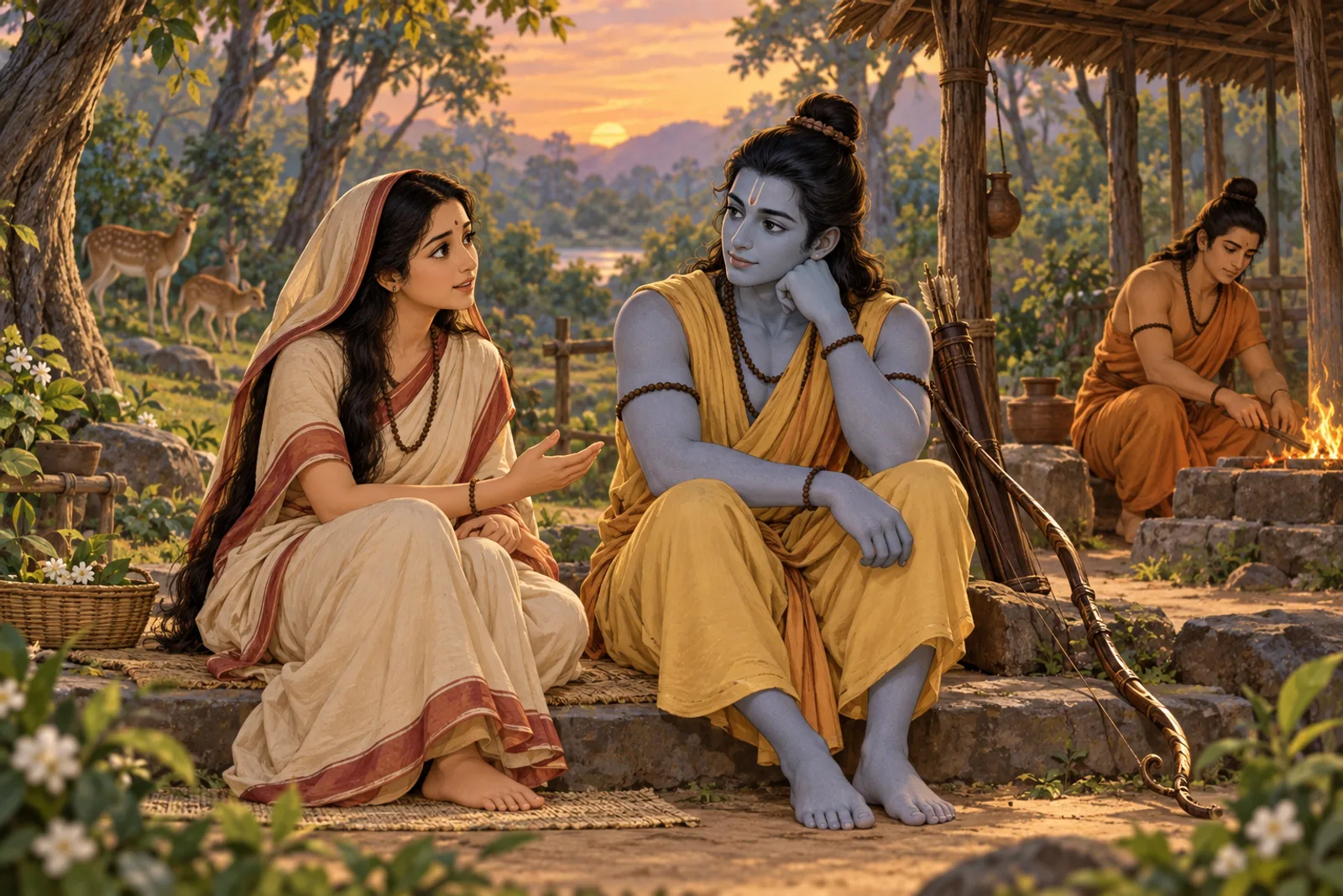 Sita speaks to Ram in the quiet of the hermitage while his bow rests within easy reach