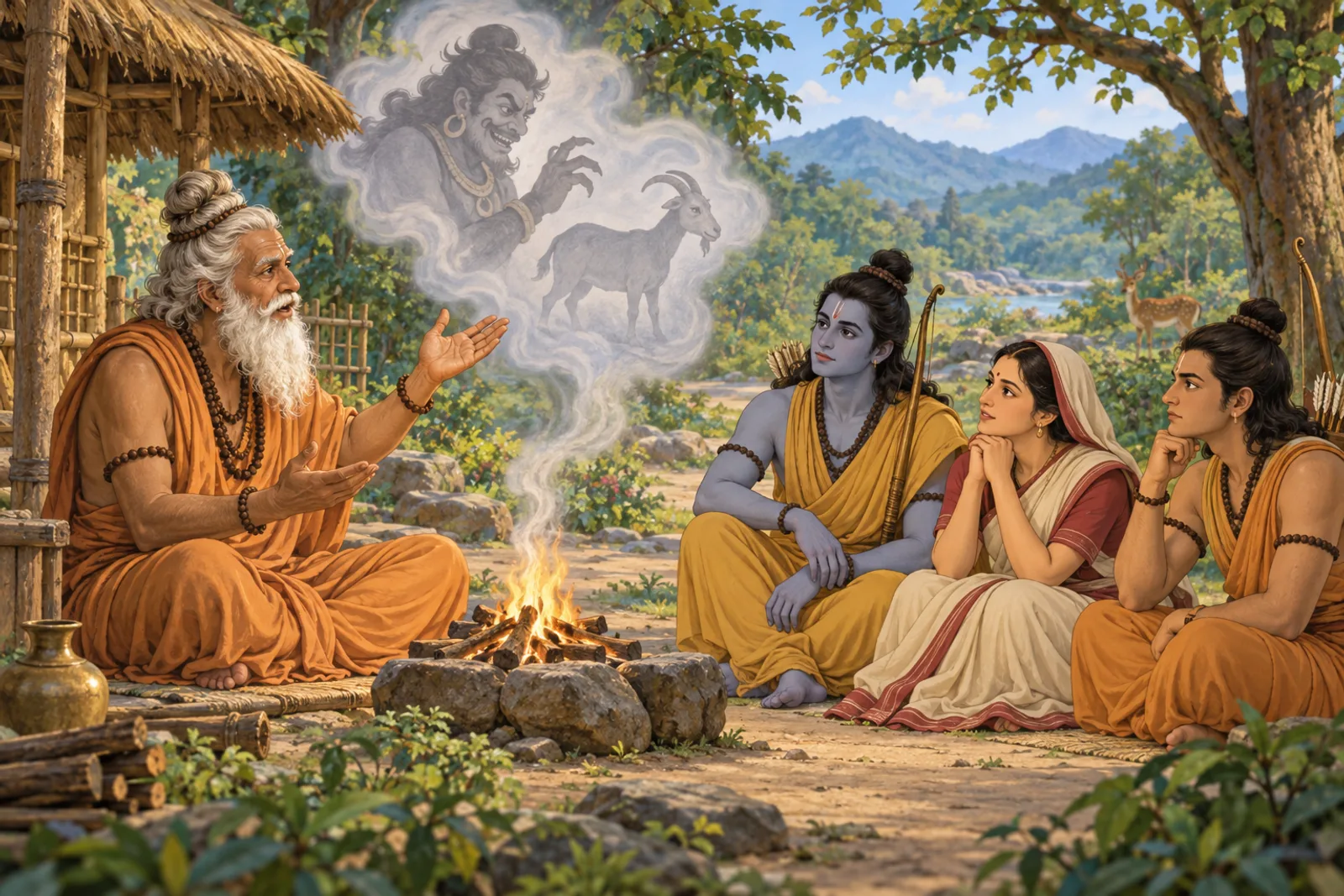 Agastya's elder brother tells Ram, Sita, and Lakshman the story of Ilvala and Vatapi beside the forest path