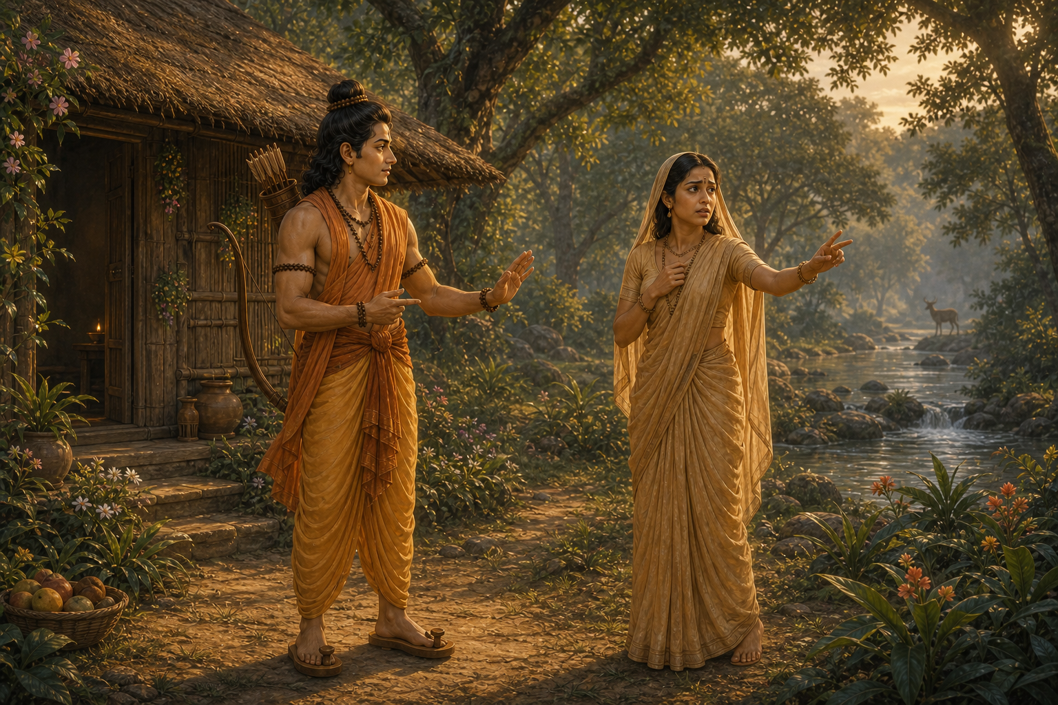 Sita reacts anxiously to Maricha's distant false cry while Lakshman cautions her beside the cottage