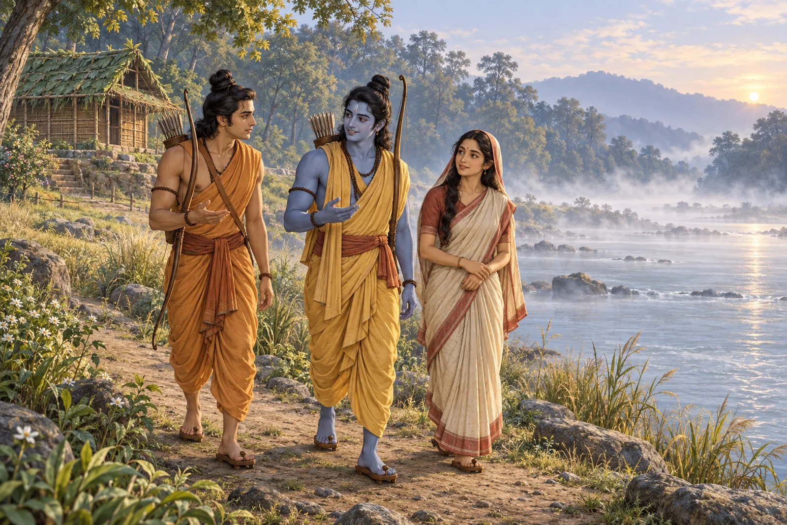 Ram, Sita, and Lakshman walk beside the misty Godavari on a cold winter morning near their new cottage