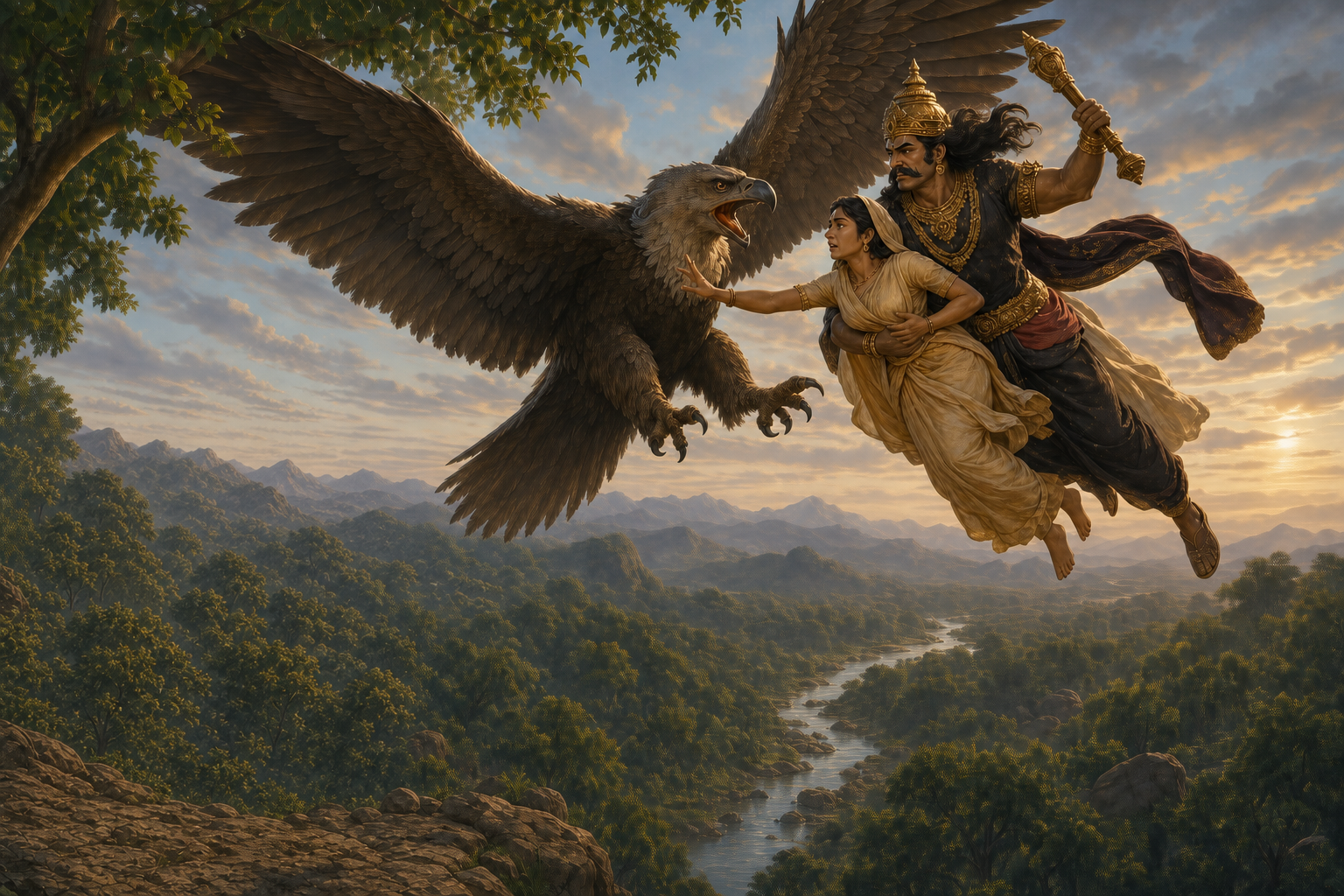The elderly Indian vulture Jatayu blocks Ravana in the sky while Sita reaches toward her defender