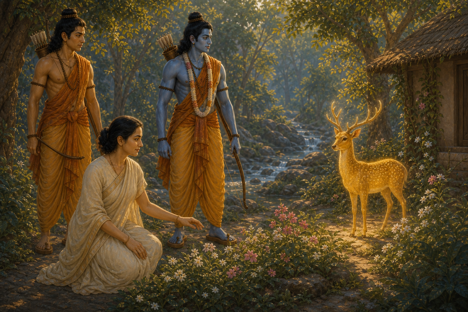 A radiant golden deer near Panchavati draws Sita's attention while Lakshman watches it cautiously