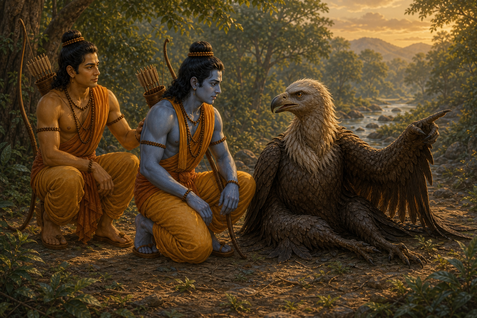 The wounded elderly Indian vulture Jatayu points Ram southward while Lakshman offers support beside him