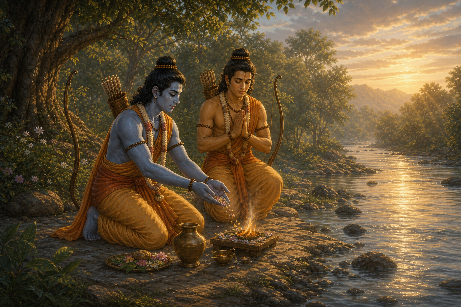 Beside the Godavari, Ram and Lakshman perform quiet final rites for Jatayu without depicting his body graphically