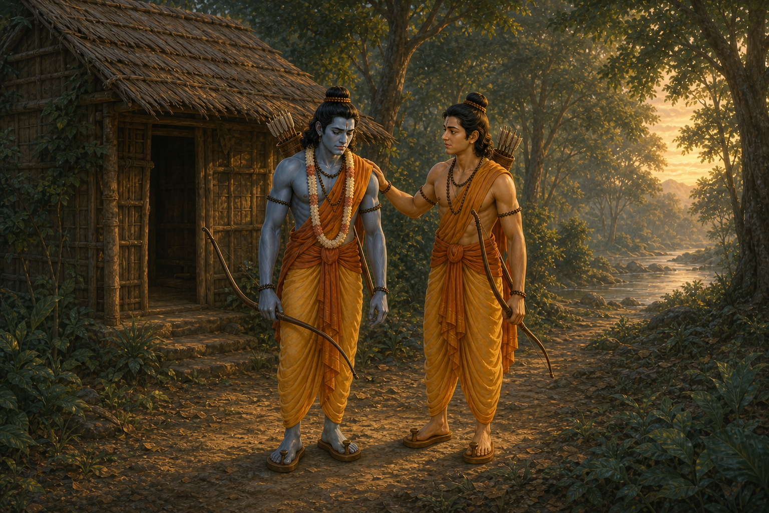 Lakshman supports a distraught Ram before the empty leaf cottage, both wearing forest clothing and wooden khadau