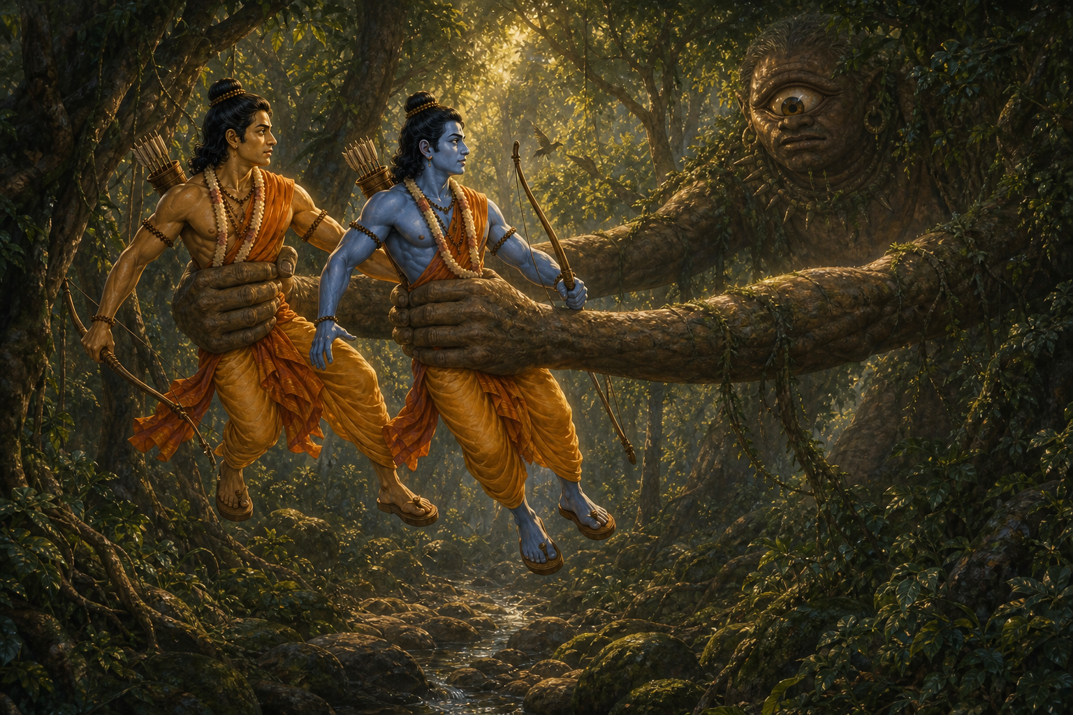 In a dense forest Kabandha's long arms block and seize Ram and Lakshman in an adventurous but non-horrific scene